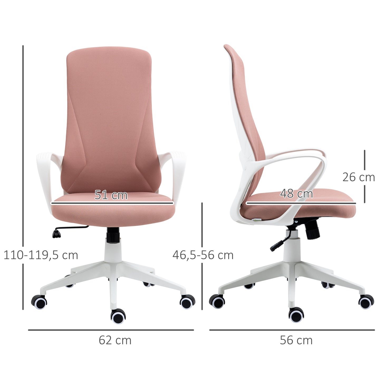 Vinsetto Silla de Oficina Giratoria Silla de Escritorio Juvenil con Altura Ajustable Función de Basculante Reposabrazos y Respaldo Alto 62x56x110-119,5 cm Rosa