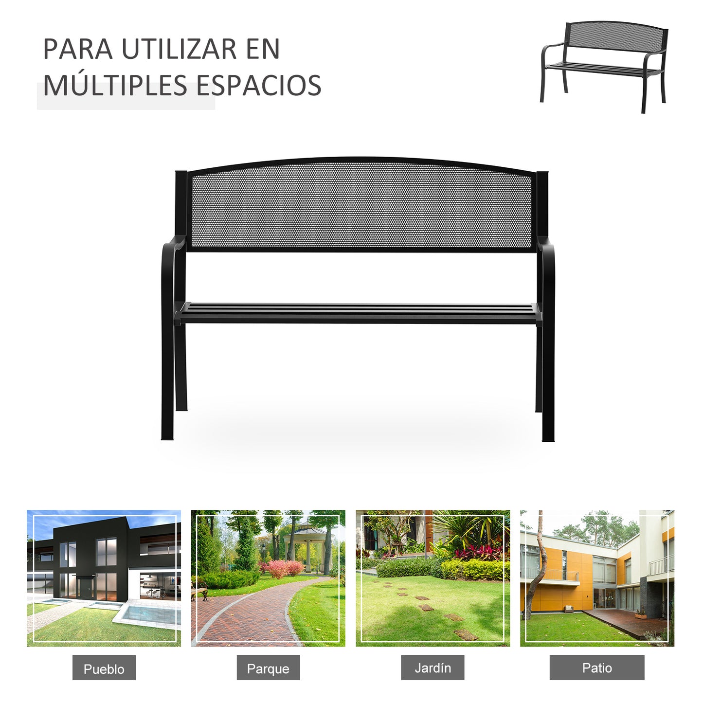 Outsunny Banco de Jardín de 2 Plazas Banco Exterior con Respaldo de Malla de Acero Carga 240 kg para Patio Terraza Balcón 127x60x87 cm Negro