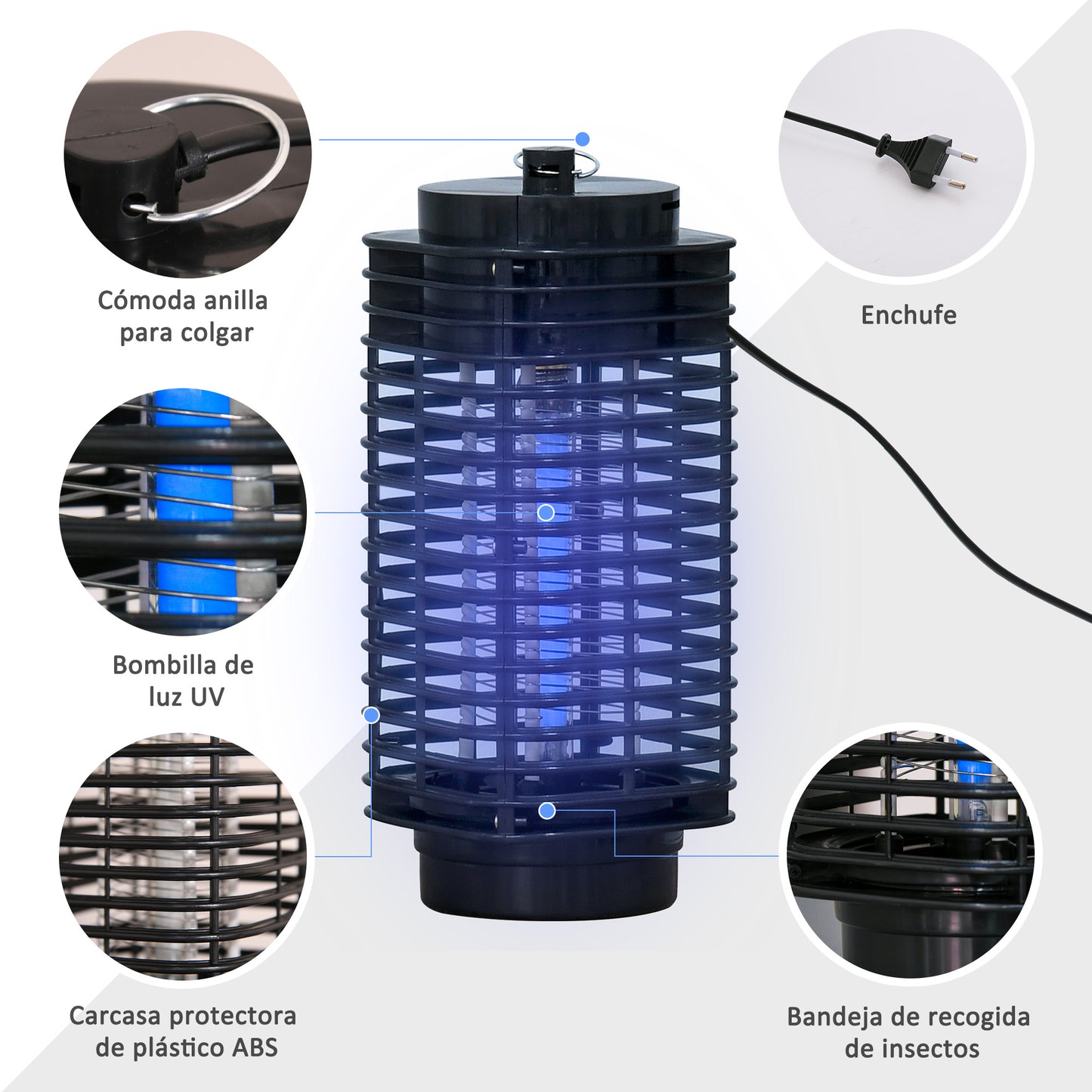 Outsunny Lámpara Antimosquitos Eléctrico 3W Mata Mosquitos Eléctrico Matamoscas Interior UV Efecto 30 m² para Jardín Terraza Patio 11x11x26 cm Negro