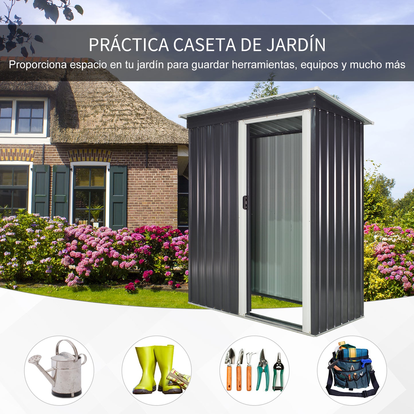 Outsunny Cobertizo de Jardín Exterior 1,16 m² 163x89x182 cm Caseta Metálica para Herramientas con Puerta Corredera y Techo Inclinado para Terraza Patio Negro