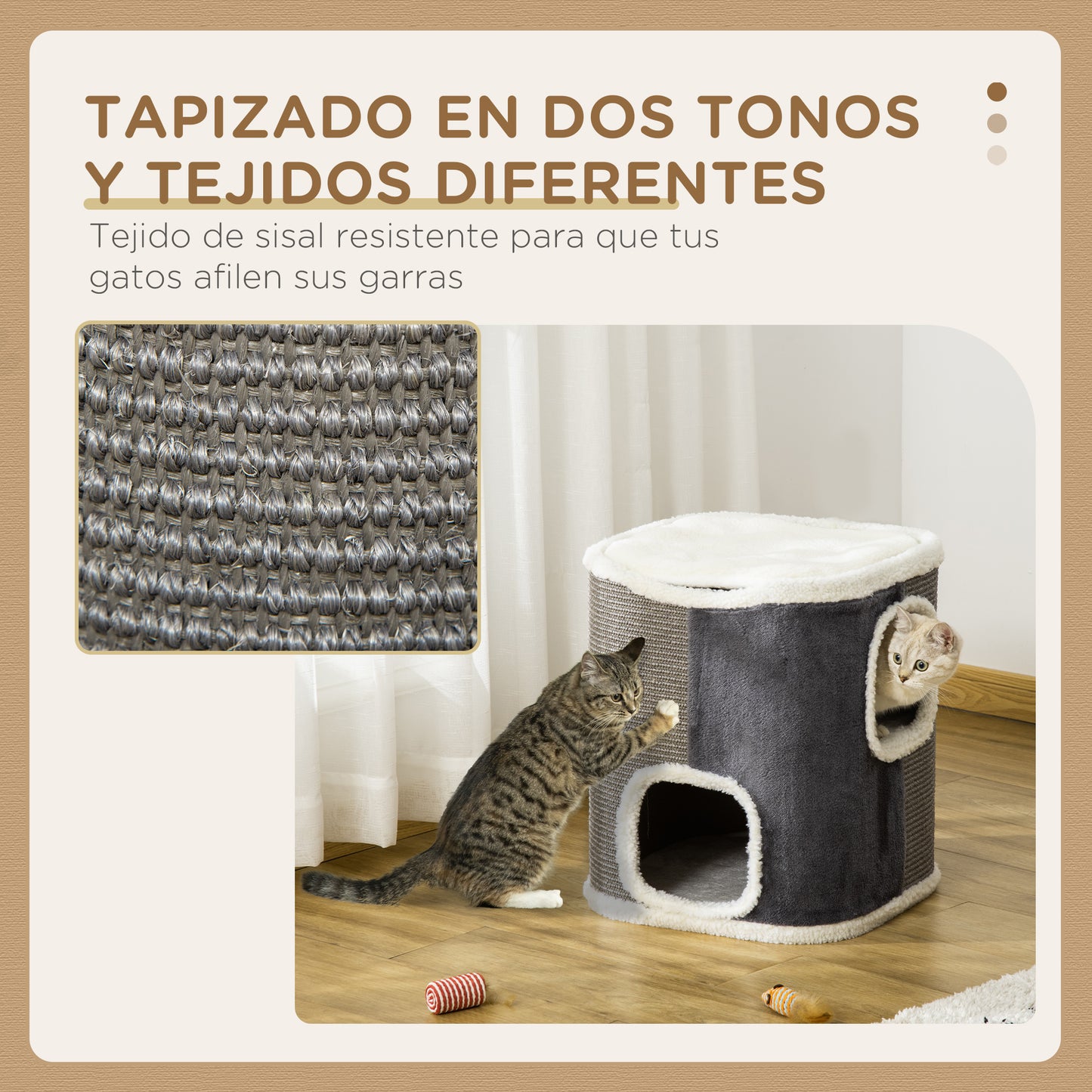 PawHut Barril Rascador para Gatos de 2 Niveles con Cuevas de Sisal Felpa Suave y Plataforma de Vellón 40x40x49 cm Gris