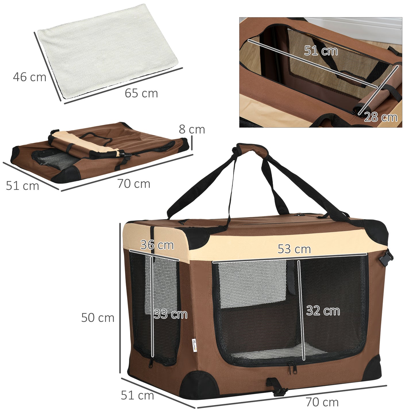 PawHut Transportín para Perros y Gatos Bolsa de Transporte para Mascotas Plegable con Ventanas Cojín Suave y 2 Correas del Hombro 70x51x50 cm Marrón