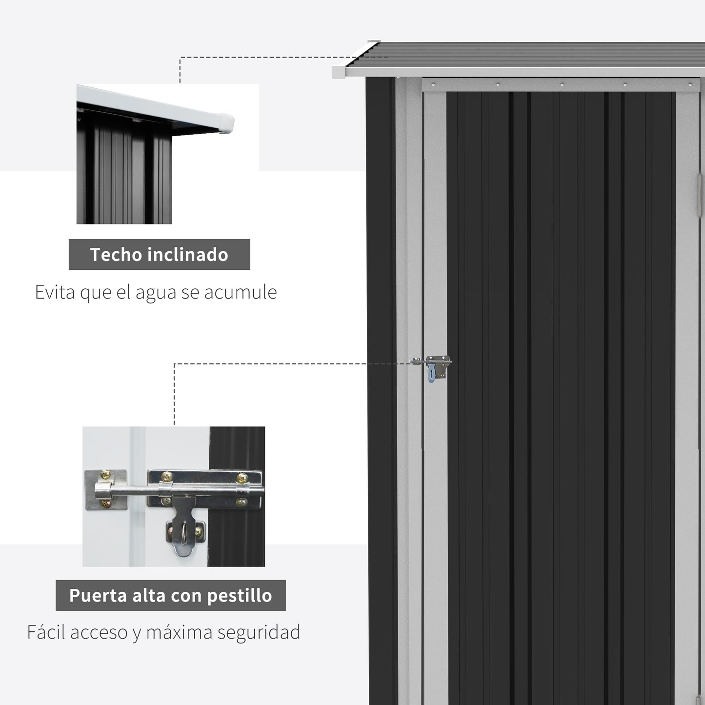 Outsunny Caseta de Jardín 1,07 m² 142x84x189 cm Cobertizo Exterior Metálico con Puerta Cerradura y Orificios de Drenaje para Almacenamiento de Herramientas Gris