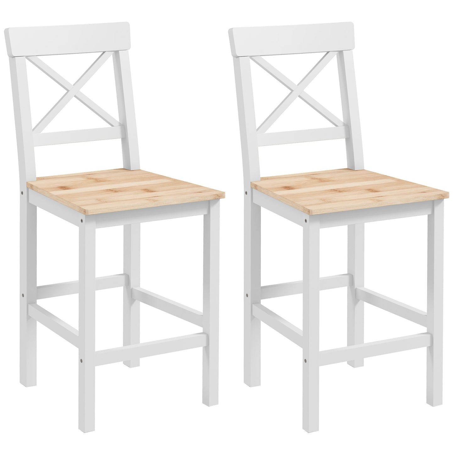 HOMCOM Conjunto de 2 Taburetes de Bar Altura Asiento 60,2 cm Taburetes de Cocina de Madera con Respaldo y Reposapiés Carga 120 kg para Comedor Salón Natural y Blanco