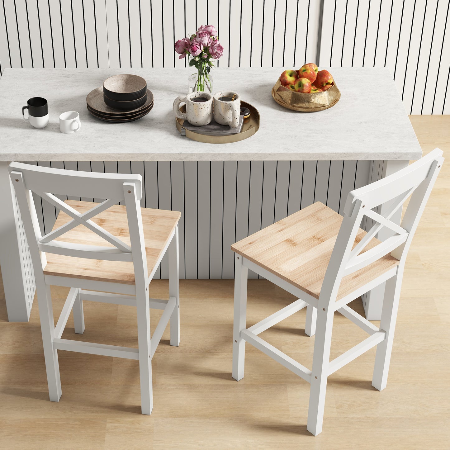 HOMCOM Conjunto de 2 Taburetes de Bar Altura Asiento 60,2 cm Taburetes de Cocina de Madera con Respaldo y Reposapiés Carga 120 kg para Comedor Salón Natural y Blanco