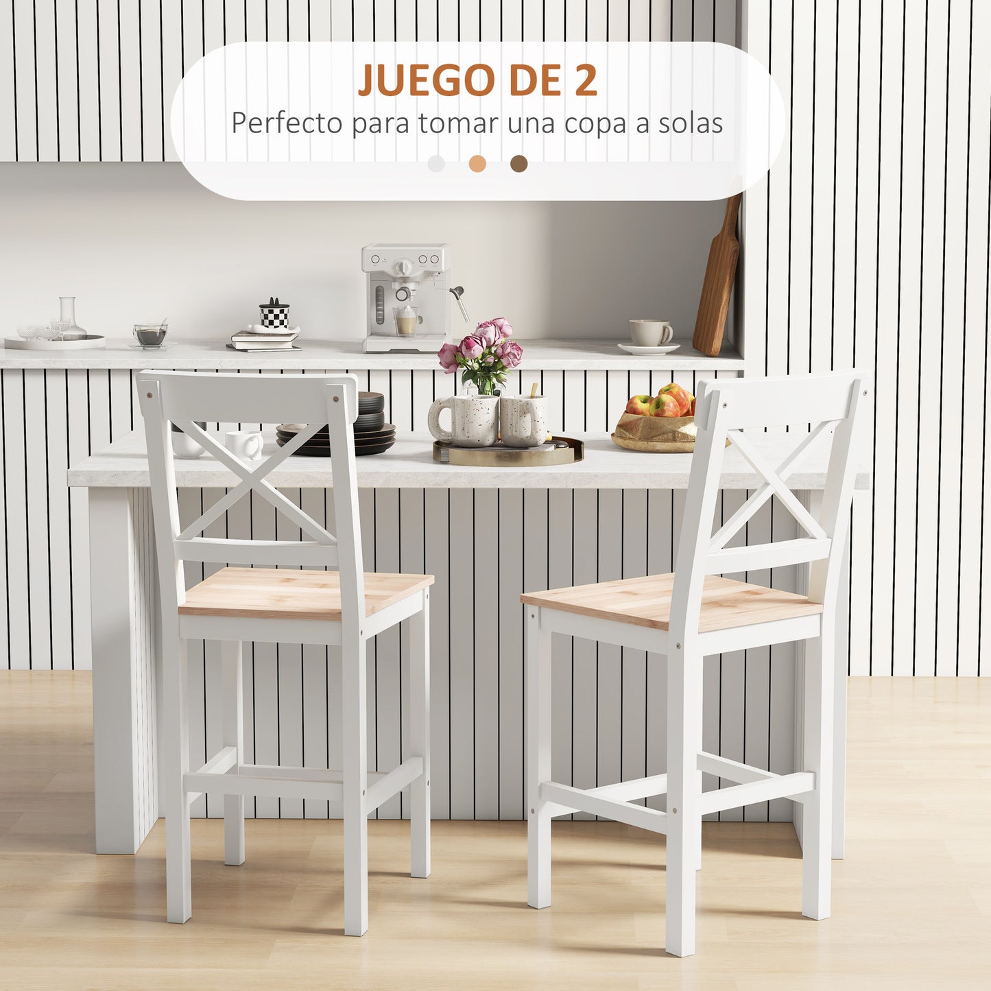 HOMCOM Conjunto de 2 Taburetes de Bar Altura Asiento 60,2 cm Taburetes de Cocina de Madera con Respaldo y Reposapiés Carga 120 kg para Comedor Salón Natural y Blanco