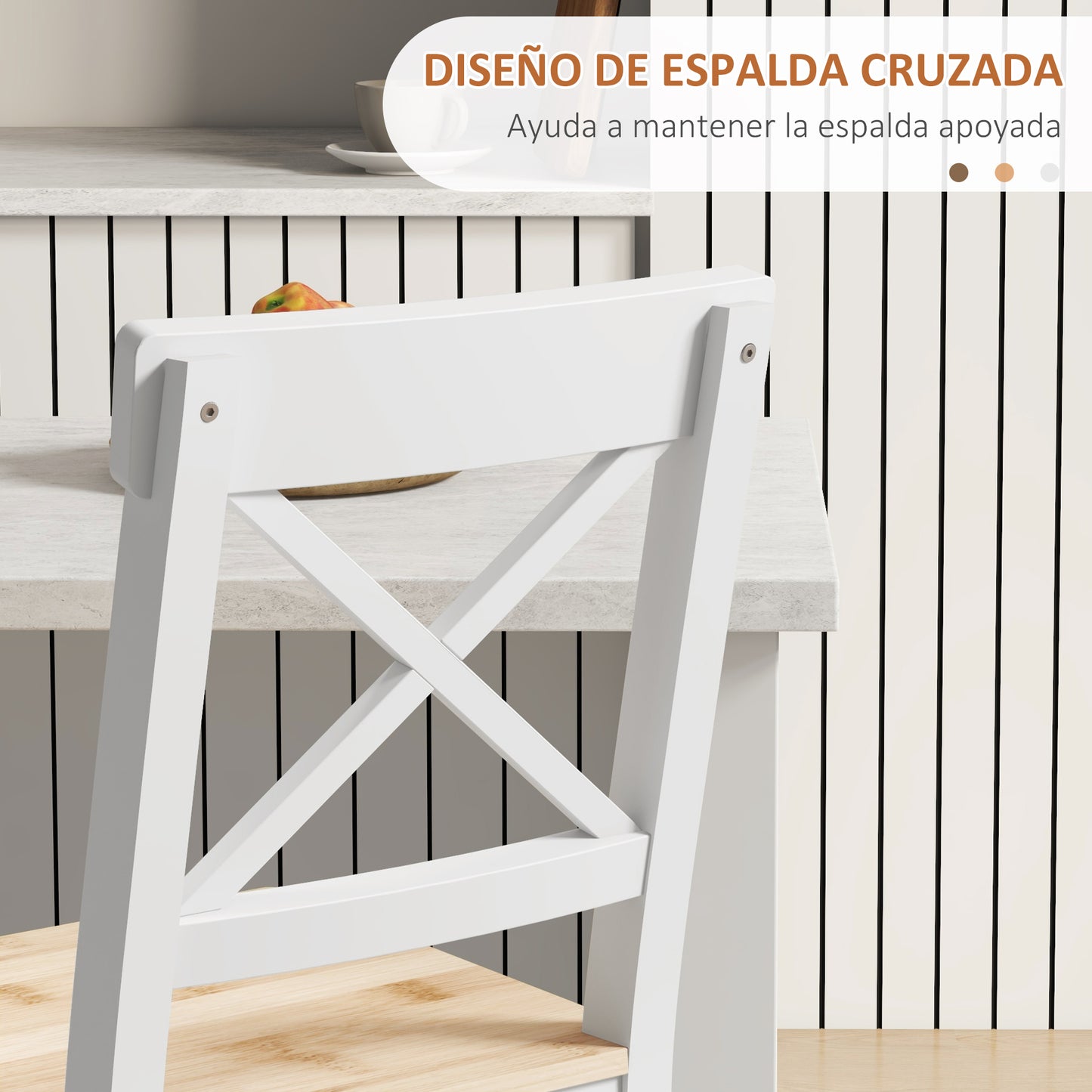 HOMCOM Conjunto de 2 Taburetes de Bar Altura Asiento 60,2 cm Taburetes de Cocina de Madera con Respaldo y Reposapiés Carga 120 kg para Comedor Salón Natural y Blanco