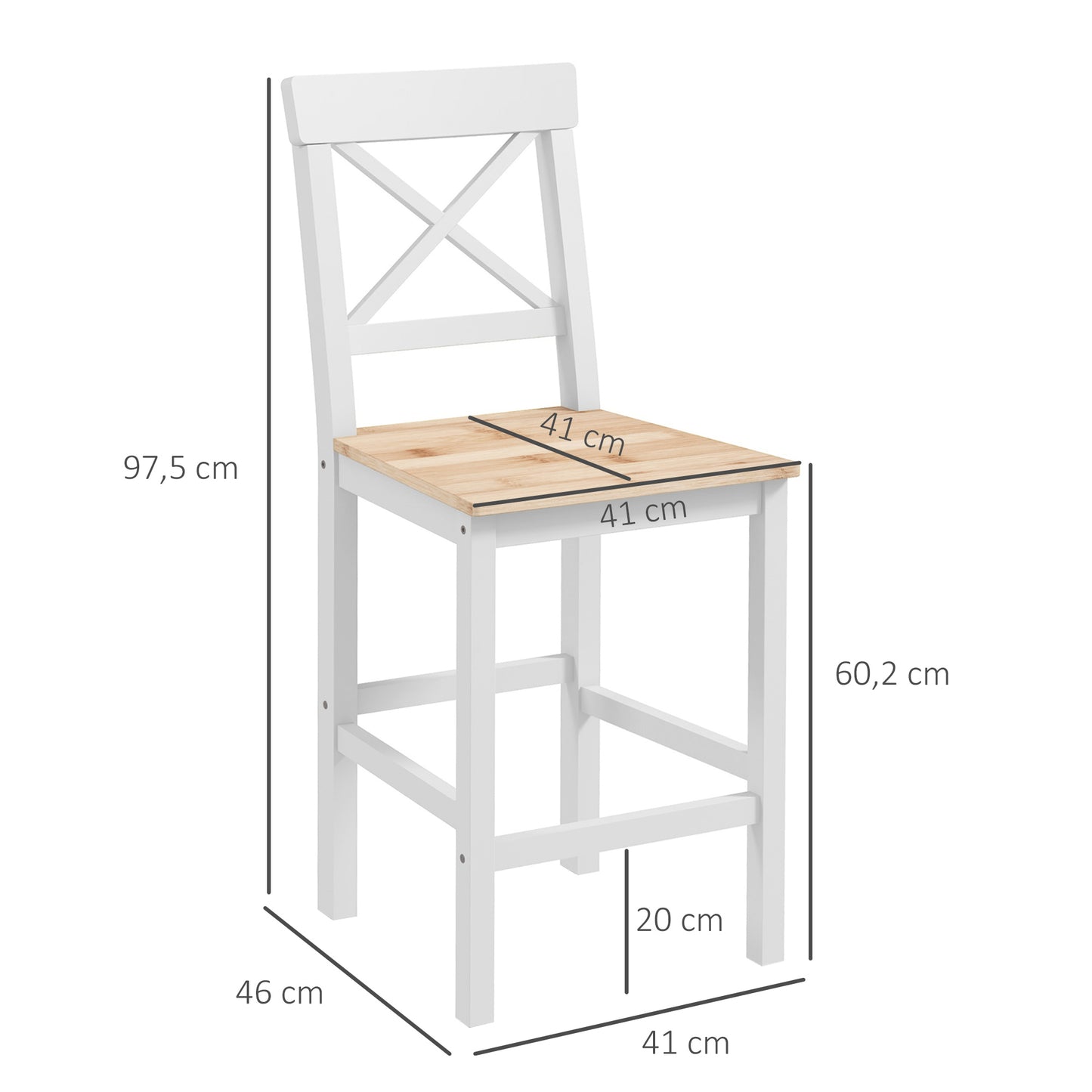 HOMCOM Conjunto de 2 Taburetes de Bar Altura Asiento 60,2 cm Taburetes de Cocina de Madera con Respaldo y Reposapiés Carga 120 kg para Comedor Salón Natural y Blanco