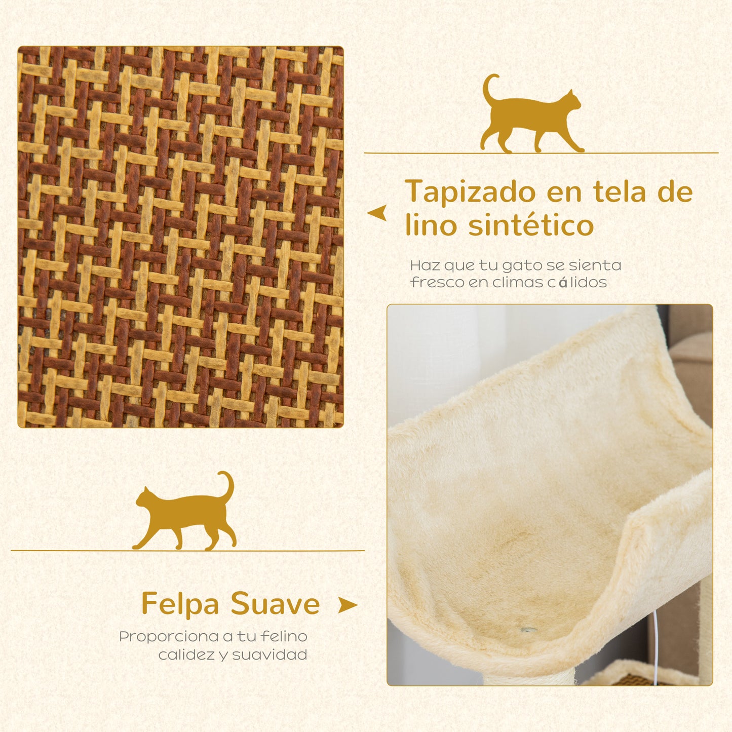 PawHut Árbol Rascador para Gatos 60x30x76 cm con Cama de Lino Postes Rascadores de Sisal Natural Plataforma Tipo Túnel Rampa y Juguetes Colgantes Beige y Marrón