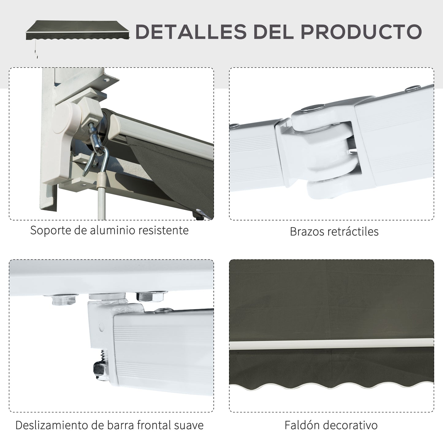 Outsunny Toldo Manual Retráctil 350x250 cm Toldo para Balcón con Manivela de Metal Impermeable y Anti-UV Toldo Enrollable de Exterior para Jardín Terraza Ventanas Gris