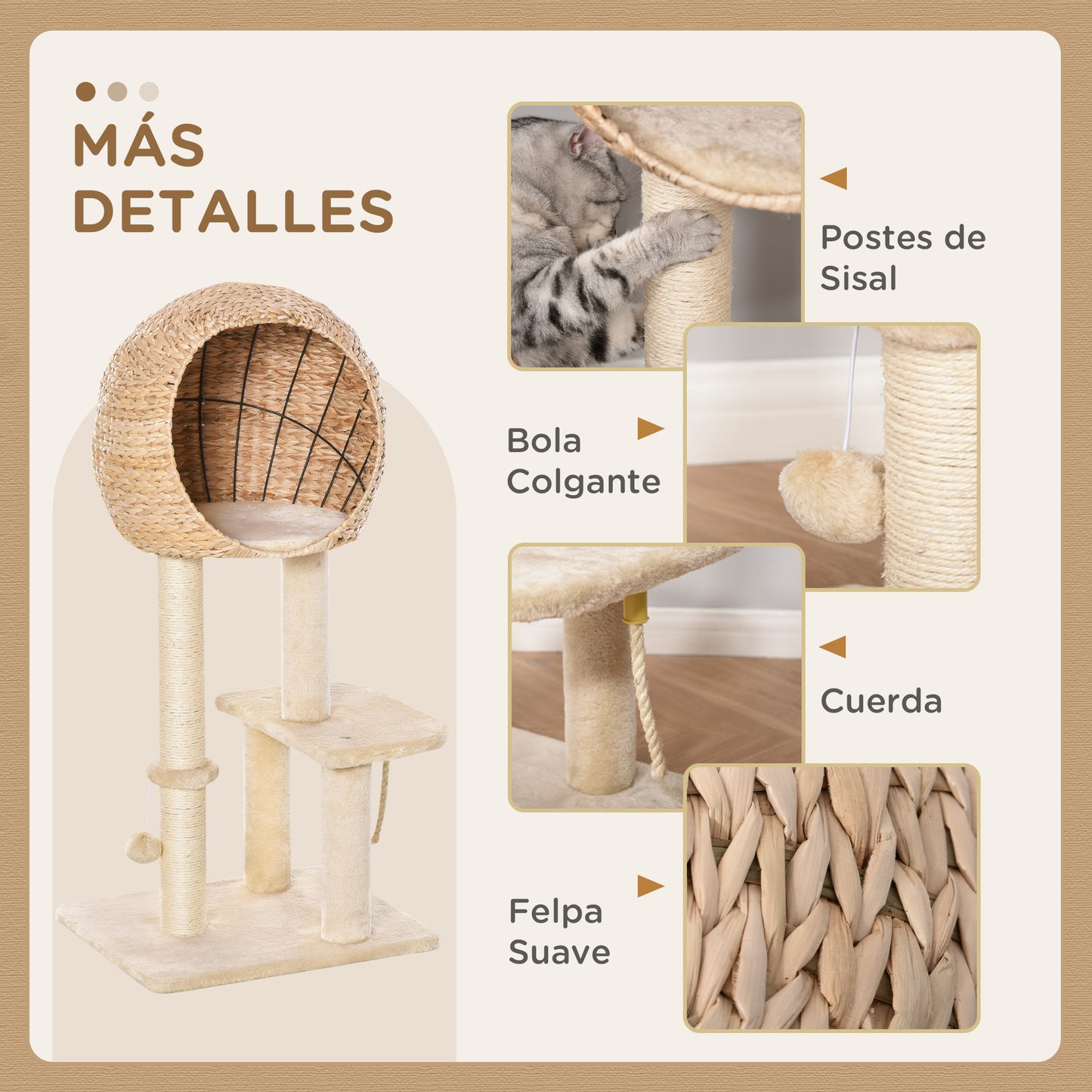 PawHut Árbol Rascador para Gatos 48x40x100 cm Torre de Escalada con Plataformas Caseta de Totora Bola y Cuerda de Juego Poste de Sisal Beige