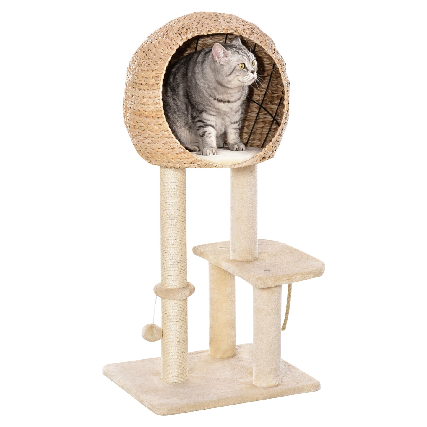 PawHut Árbol Rascador para Gatos 48x40x100 cm Torre de Escalada con Plataformas Caseta de Totora Bola y Cuerda de Juego Poste de Sisal Beige