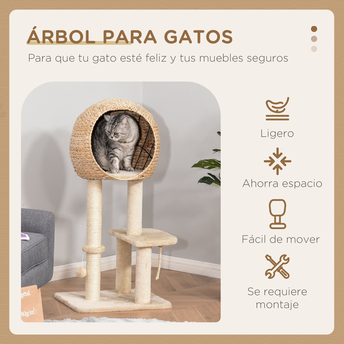 PawHut Árbol Rascador para Gatos 48x40x100 cm Torre de Escalada con Plataformas Caseta de Totora Bola y Cuerda de Juego Poste de Sisal Beige