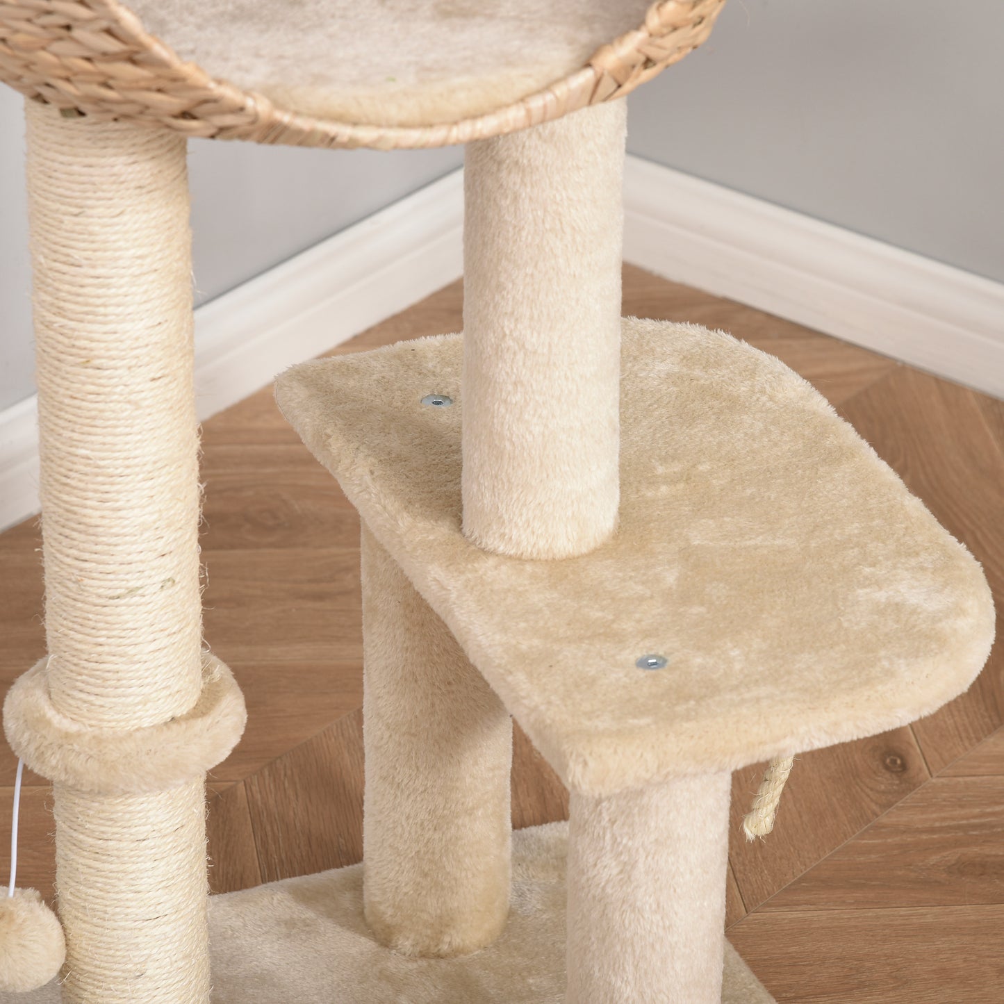 PawHut Árbol Rascador para Gatos 48x40x100 cm Torre de Escalada con Plataformas Caseta de Totora Bola y Cuerda de Juego Poste de Sisal Beige