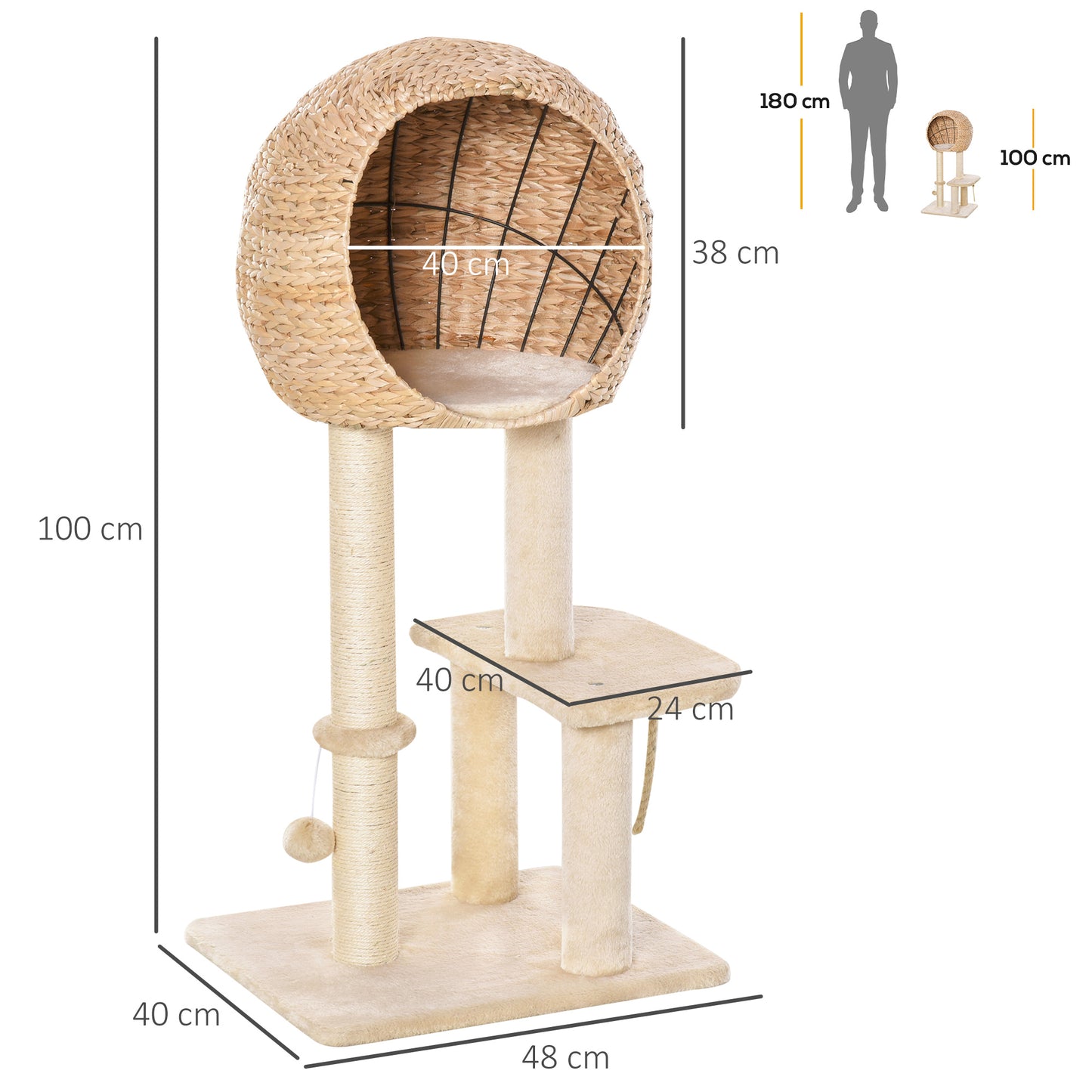 PawHut Árbol Rascador para Gatos 48x40x100 cm Torre de Escalada con Plataformas Caseta de Totora Bola y Cuerda de Juego Poste de Sisal Beige