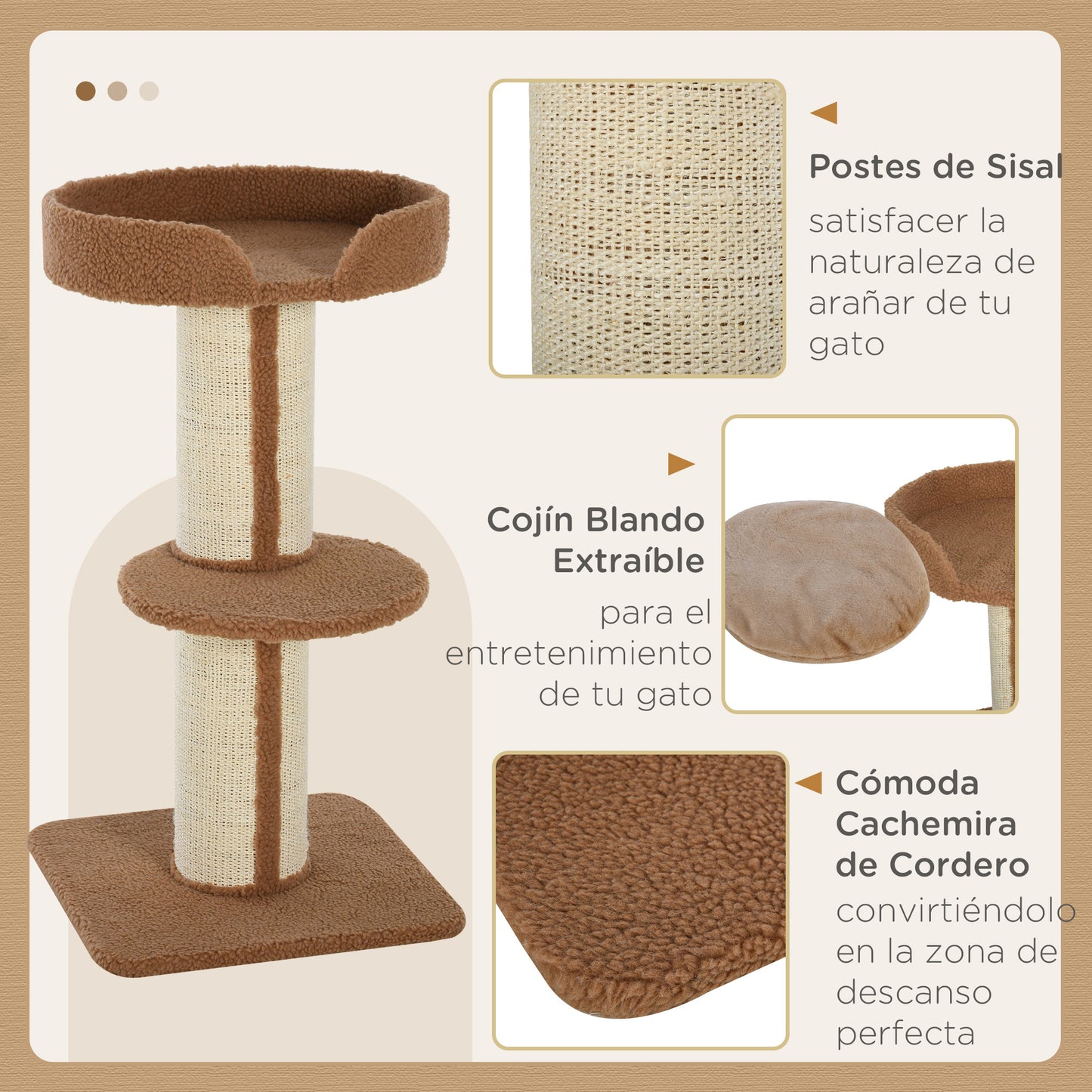 PawHut Árbol Rascador para Gatos Altura 91 cm Árbol para Gatos Torre para Gatos de 3 Niveles con Nido Plataforma y Poste de Sisal 45x45x91 cm Marrón Claro