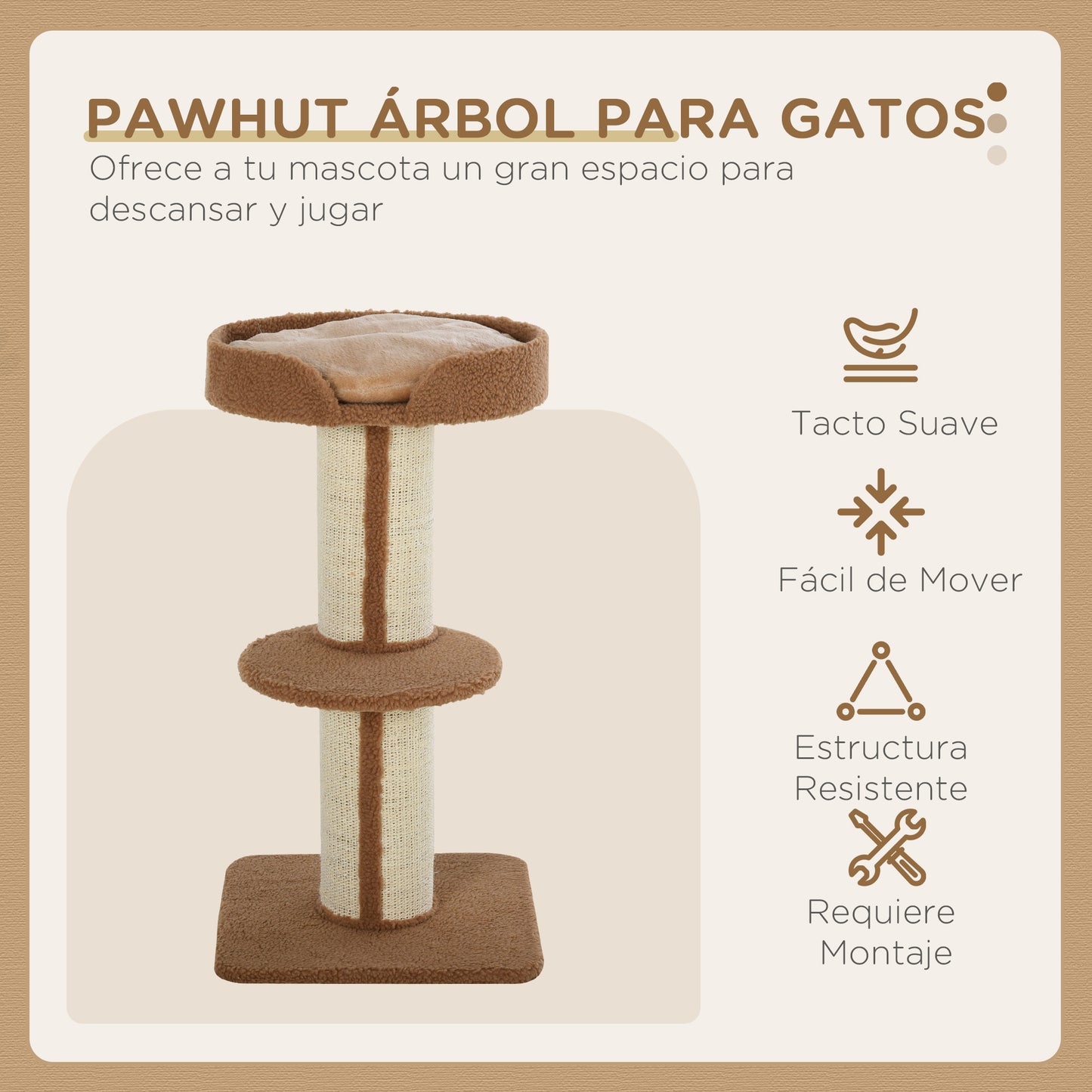 PawHut Árbol Rascador para Gatos Altura 91 cm Árbol para Gatos Torre para Gatos de 3 Niveles con Nido Plataforma y Poste de Sisal 45x45x91 cm Marrón Claro