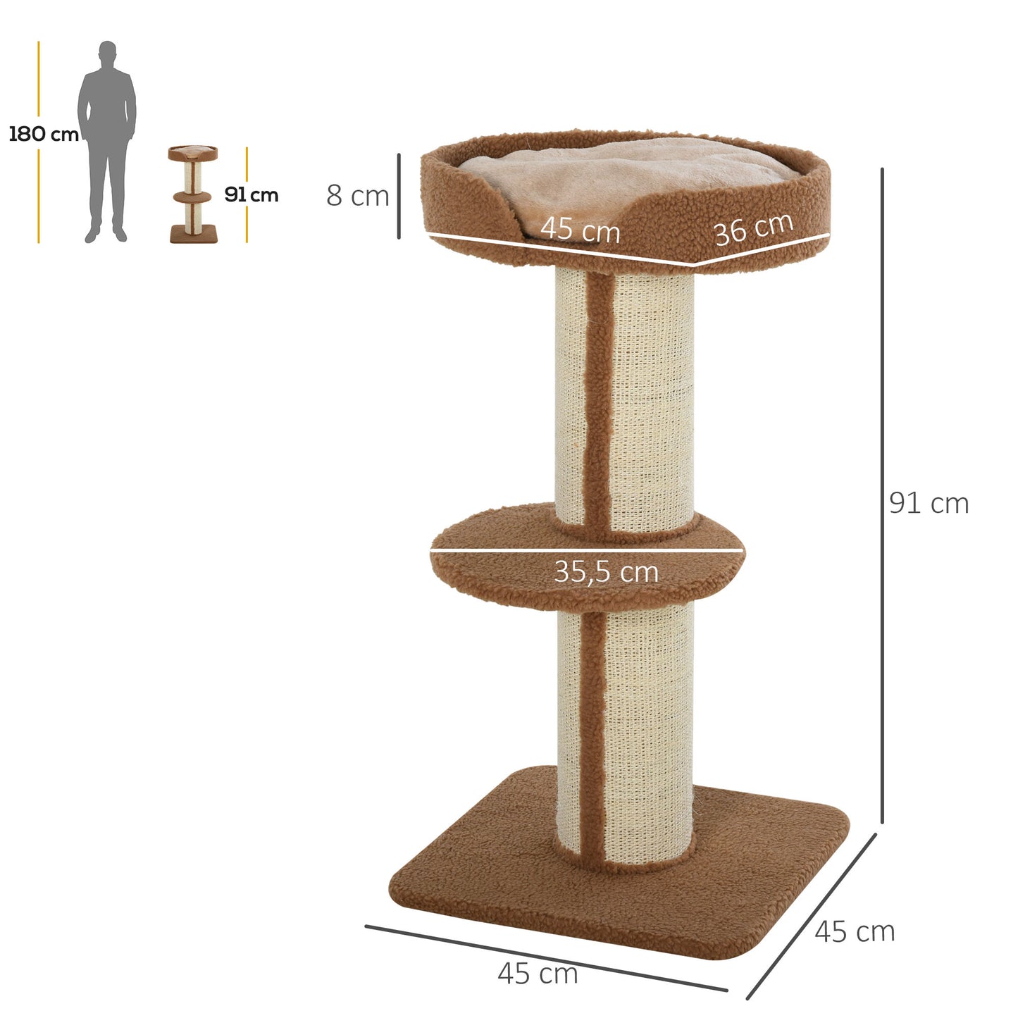 PawHut Árbol Rascador para Gatos Altura 91 cm Árbol para Gatos Torre para Gatos de 3 Niveles con Nido Plataforma y Poste de Sisal 45x45x91 cm Marrón Claro