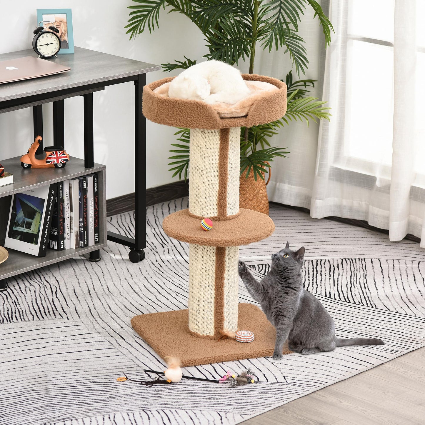 PawHut Árbol Rascador para Gatos Altura 91 cm Árbol para Gatos Torre para Gatos de 3 Niveles con Nido Plataforma y Poste de Sisal 45x45x91 cm Marrón Claro