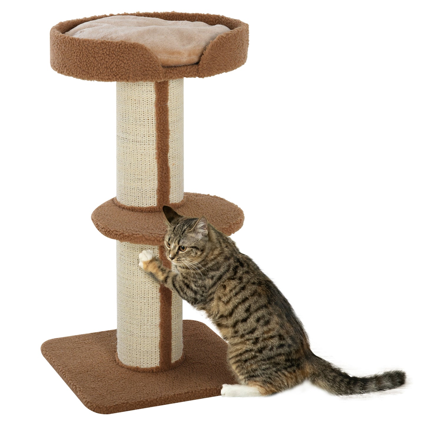 PawHut Árbol Rascador para Gatos Altura 91 cm Árbol para Gatos Torre para Gatos de 3 Niveles con Nido Plataforma y Poste de Sisal 45x45x91 cm Marrón Claro