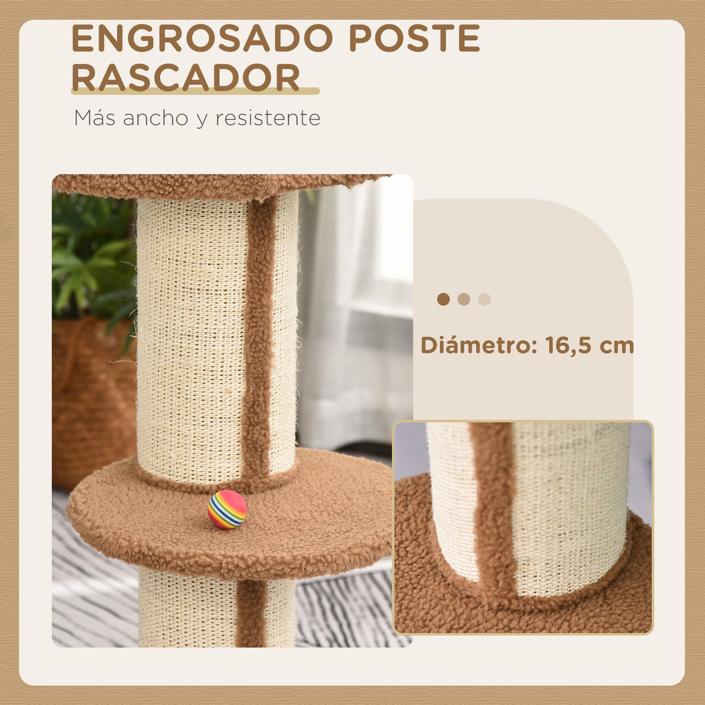 PawHut Árbol Rascador para Gatos Altura 91 cm Árbol para Gatos Torre para Gatos de 3 Niveles con Nido Plataforma y Poste de Sisal 45x45x91 cm Marrón Claro