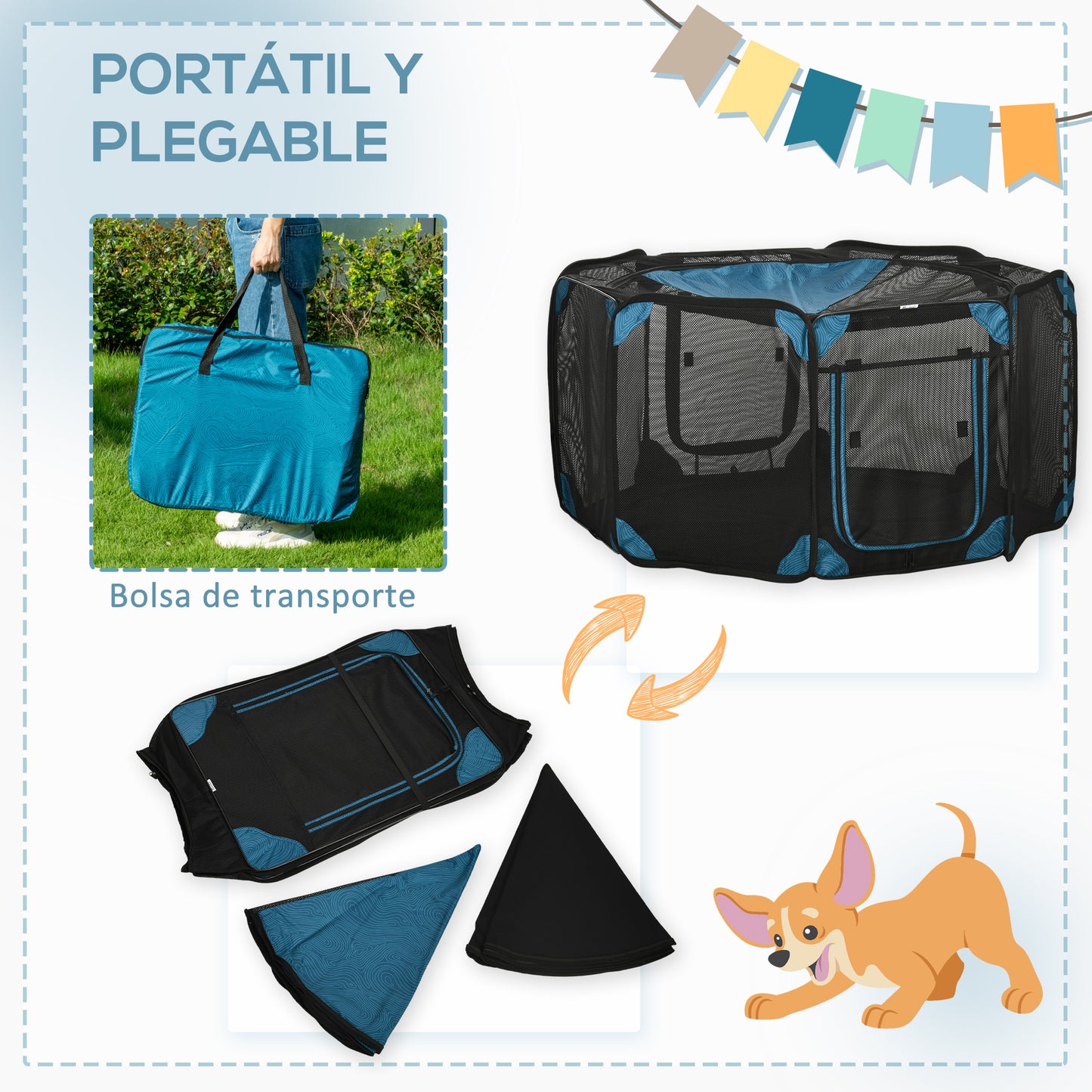 PawHut Parque Plegable para Perros y Gatos de 8 Paneles Parque de Juego para Mascotas con Bolsa de Transporte Recinto Portátil para Conejos Conejillos de Indias para Interior y Exterior Ø126x58cm Azul