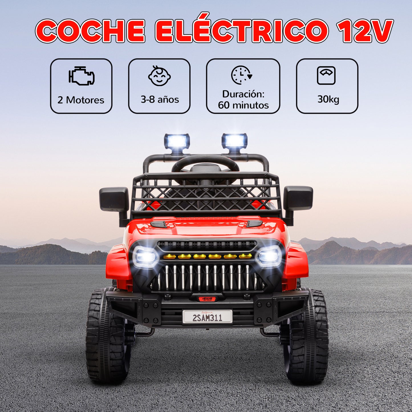 AIYAPLAY Coche Eléctrico para Niños de +3 Años Carro Eléctrico Infantil UTV Coche de Batería 12V con Mando a Distancia Velocidad Ajustable USB Faros Bocina Rojo