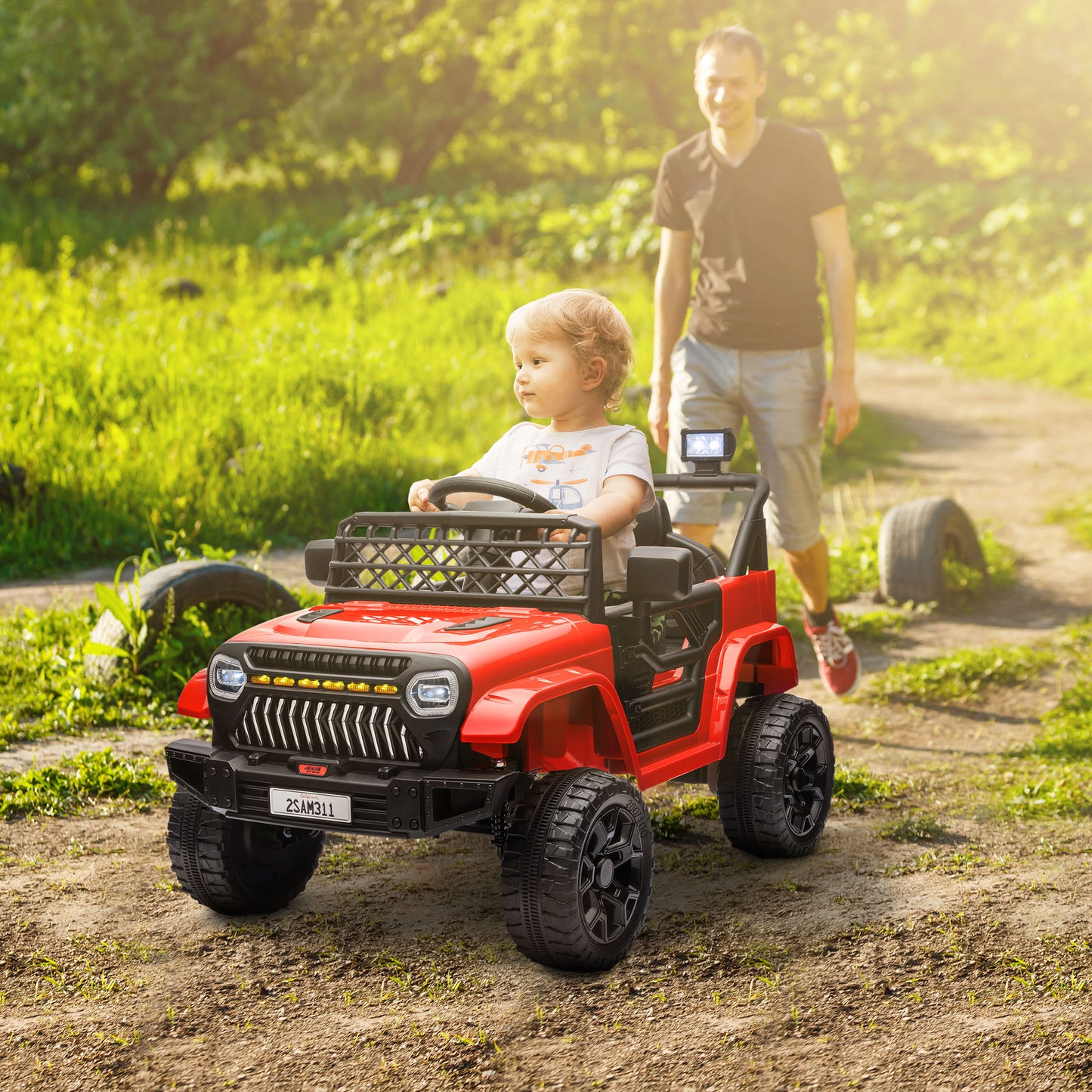 AIYAPLAY Coche Eléctrico para Niños de +3 Años Carro Eléctrico Infantil UTV Coche de Batería 12V con Mando a Distancia Velocidad Ajustable USB Faros Bocina Rojo