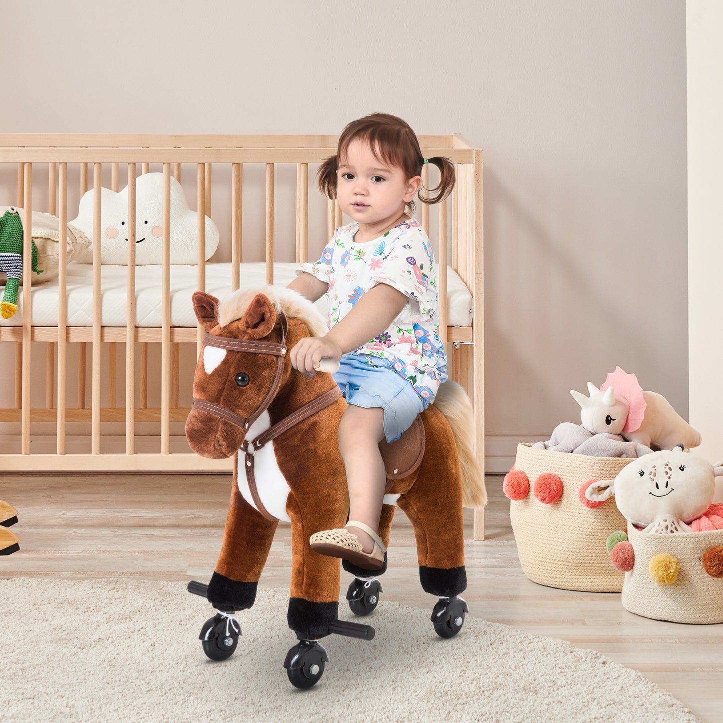 HOMCOM Caballito para Bebes de +36 Meses Caballo con Ruedas Sonidos de Relincho Palos y Pedales Carga 60 kg 55x23x60 cm Marrón