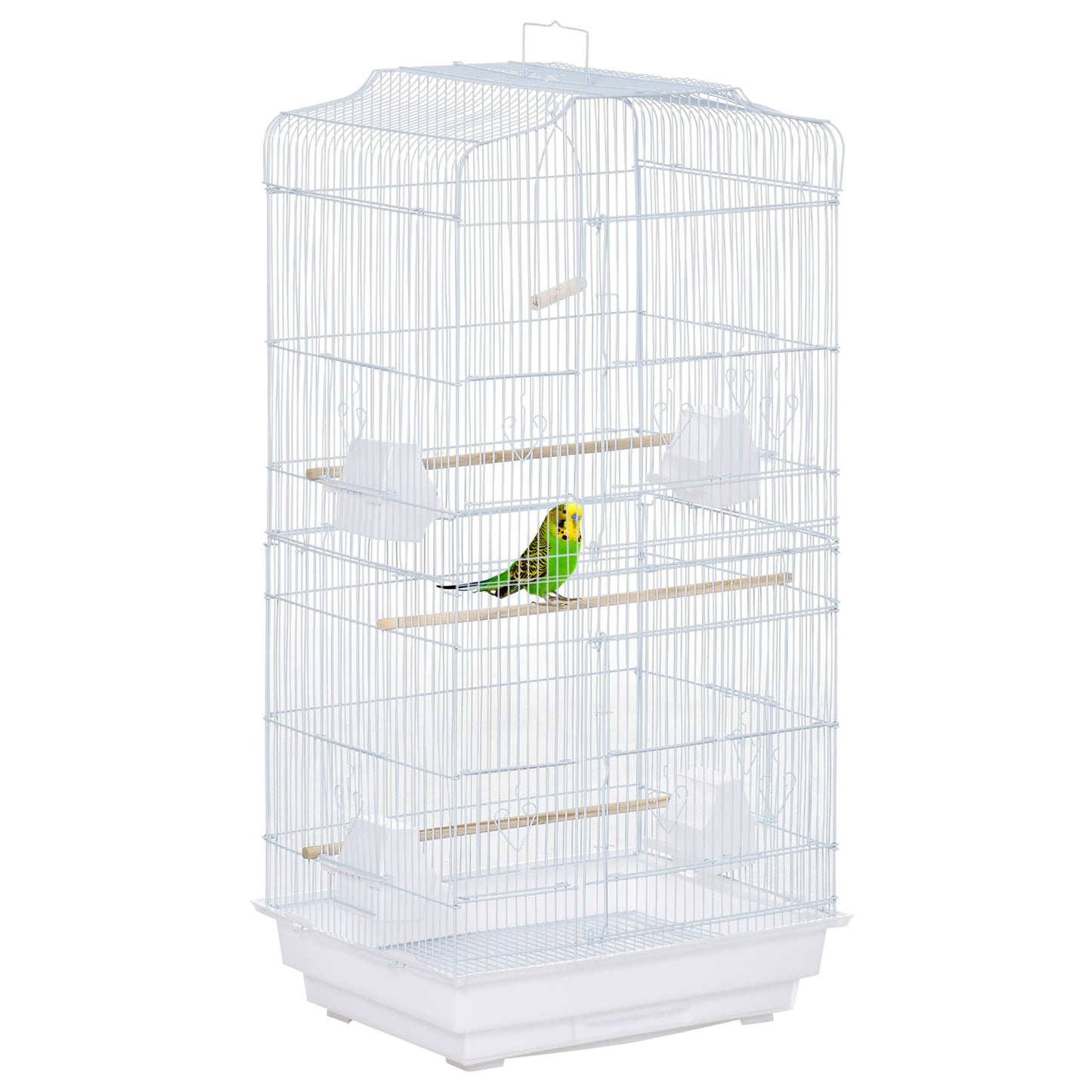 PawHut Jaula para Pájaros Pajarera de Metal con Puertas 4 Comederos 3 Perchas Columpio Bandeja Extraíble y Asa de Transporte para Loro Canario Periquito 46,5x35,5x92 cm Blanco