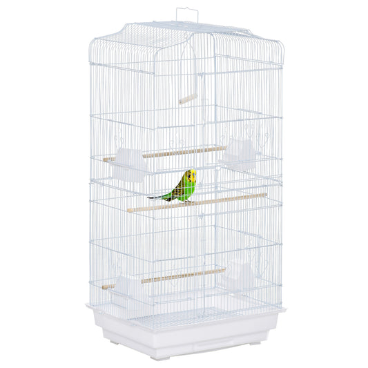 PawHut Jaula para Pájaros Pajarera de Metal con Puertas 4 Comederos 3 Perchas Columpio Bandeja Extraíble y Asa de Transporte para Loro Canario Periquito 46,5x35,5x92 cm Blanco