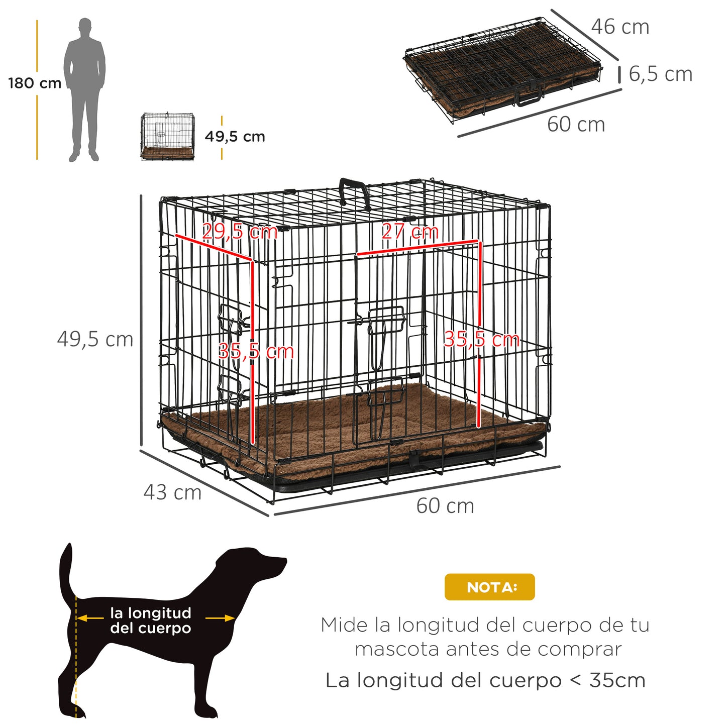 PawHut Jaula de Metal para Perros Plegable 60x43x49,5 cm con 2 Puertas con Pestillos Bandeja Extraíble Cojín Suave y Asa Portátil para transporte Viaje Negro