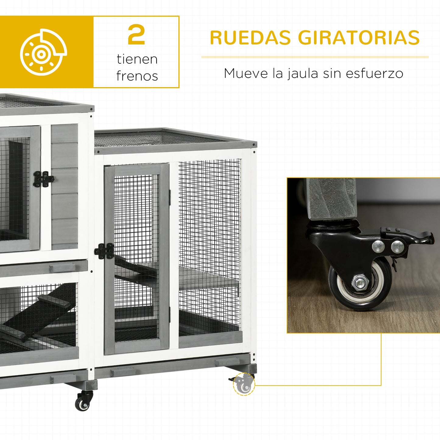 PawHut Conejera de Madera para Interior Jaula para Conejos Mascotas Pequeñas de 2 Niveles con 6 Ruedas 2 Escaleras 3 Bandejas Extraíbles y Zona Abierta 110x50x86 cm Gris