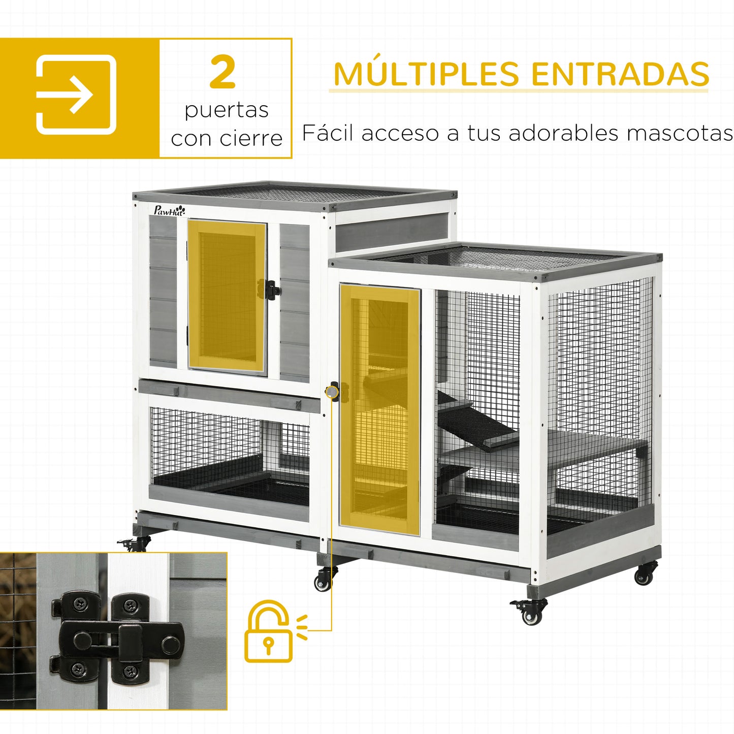 PawHut Conejera de Madera para Interior Jaula para Conejos Mascotas Pequeñas de 2 Niveles con 6 Ruedas 2 Escaleras 3 Bandejas Extraíbles y Zona Abierta 110x50x86 cm Gris