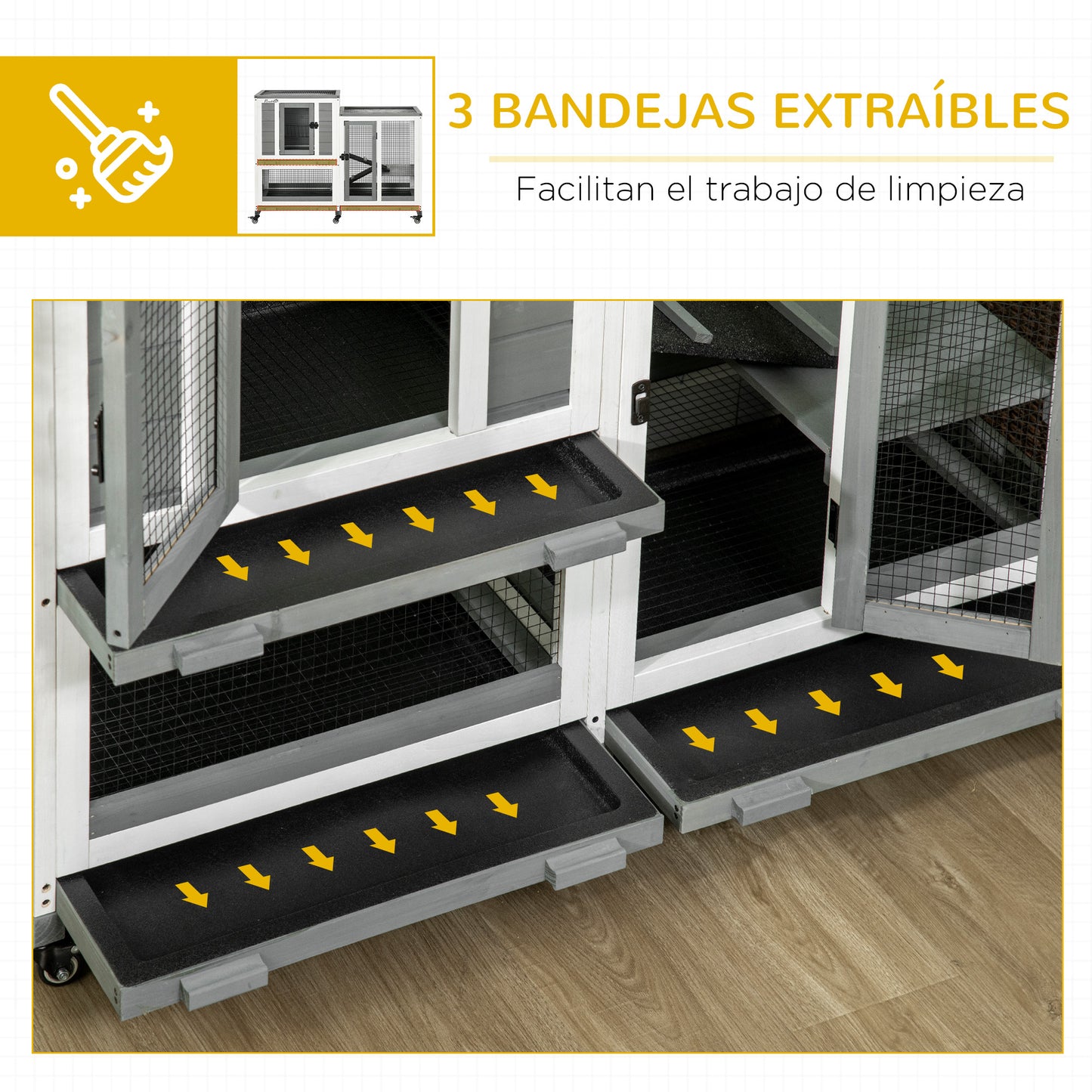 PawHut Conejera de Madera para Interior Jaula para Conejos Mascotas Pequeñas de 2 Niveles con 6 Ruedas 2 Escaleras 3 Bandejas Extraíbles y Zona Abierta 110x50x86 cm Gris