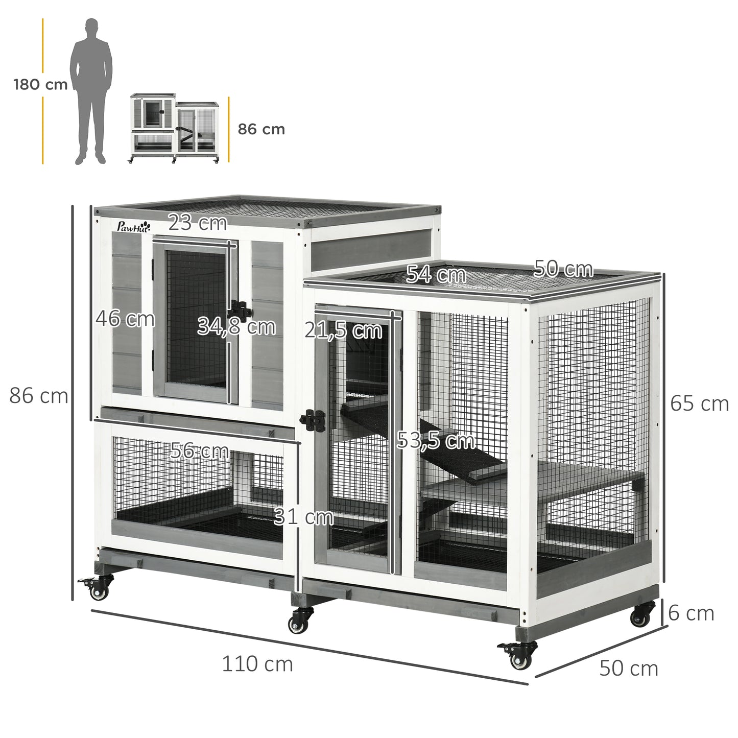 PawHut Conejera de Madera para Interior Jaula para Conejos Mascotas Pequeñas de 2 Niveles con 6 Ruedas 2 Escaleras 3 Bandejas Extraíbles y Zona Abierta 110x50x86 cm Gris