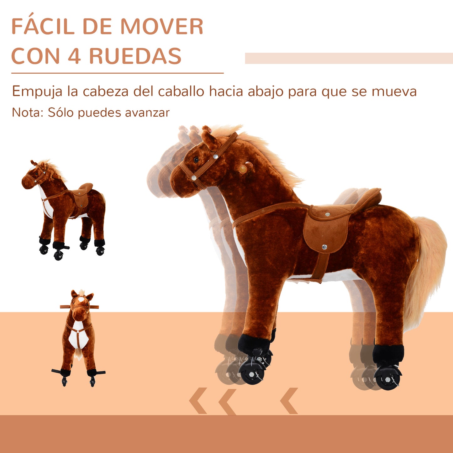 HOMCOM Caballo de Juguete para Niños de +3 Años Caballo de Juguete con Ruedas Sonidos y Estructura de Metal Carga 60kg 65x28x75 cm Marrón