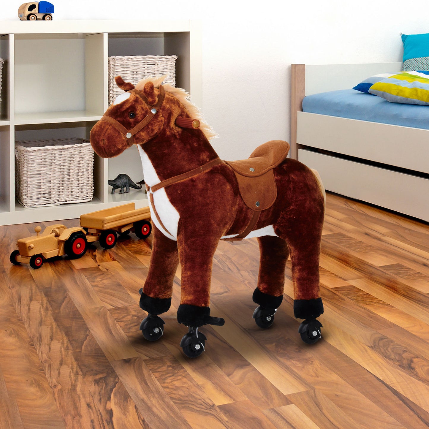 HOMCOM Caballo de Juguete para Niños de +3 Años Caballo de Juguete con Ruedas Sonidos y Estructura de Metal Carga 60kg 65x28x75 cm Marrón