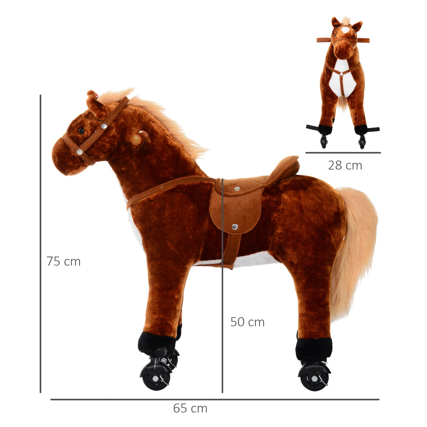 HOMCOM Caballo de Juguete para Niños de +3 Años Caballo de Juguete con Ruedas Sonidos y Estructura de Metal Carga 60kg 65x28x75 cm Marrón