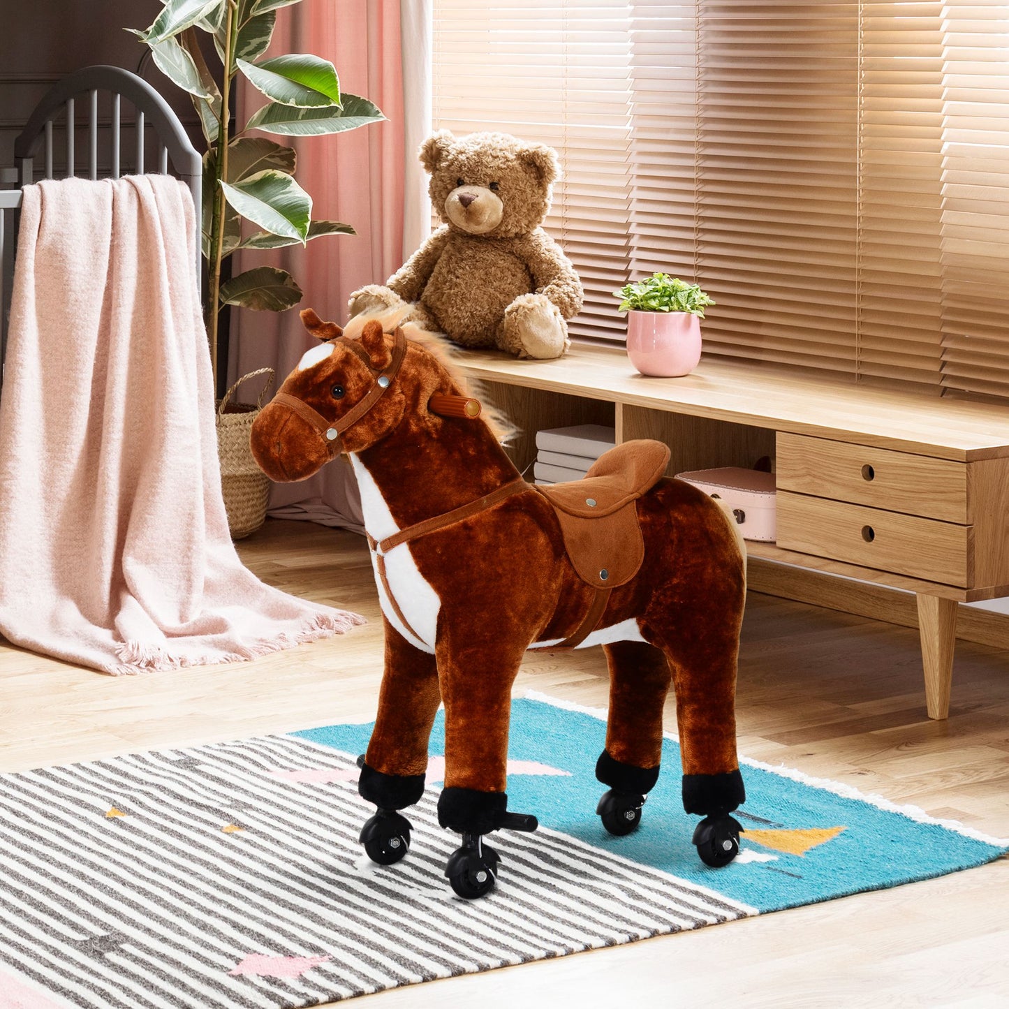 HOMCOM Caballo de Juguete para Niños de +3 Años Caballo de Juguete con Ruedas Sonidos y Estructura de Metal Carga 60kg 65x28x75 cm Marrón