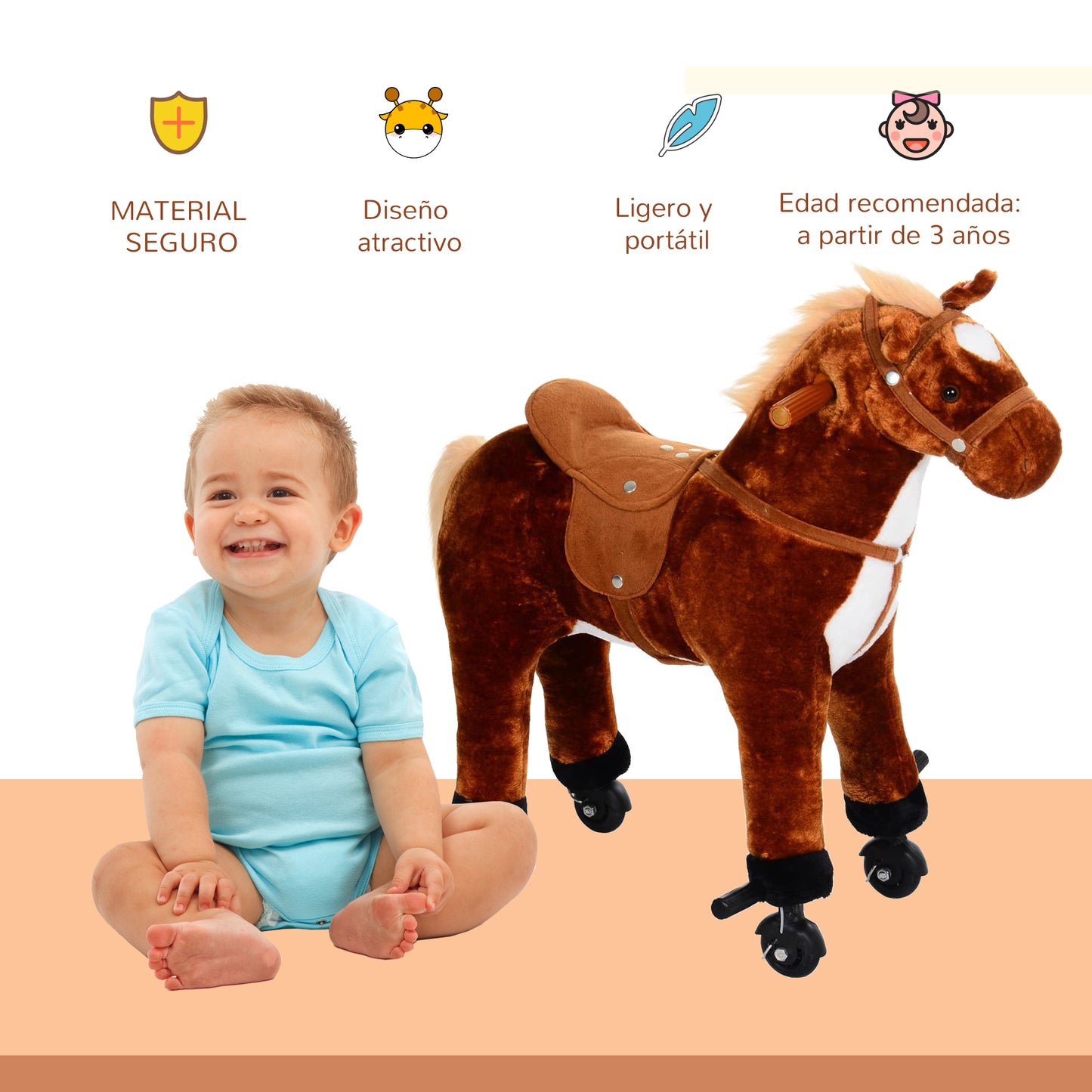 HOMCOM Caballo de Juguete para Niños de +3 Años Caballo de Juguete con Ruedas Sonidos y Estructura de Metal Carga 60kg 65x28x75 cm Marrón