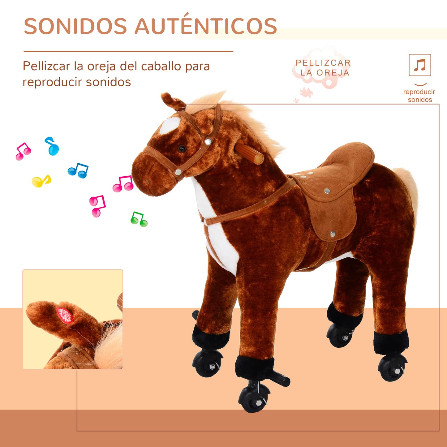 HOMCOM Caballo de Juguete para Niños de +3 Años Caballo de Juguete con Ruedas Sonidos y Estructura de Metal Carga 60kg 65x28x75 cm Marrón