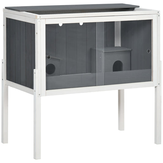 PawHut Jaula para Hámster de Madera 82x45x81 cm Casa para Roedores con 2 Puertas de Acrílico Estante Extraíble 2 Casitas para Animales Pequeños Gris Oscuro