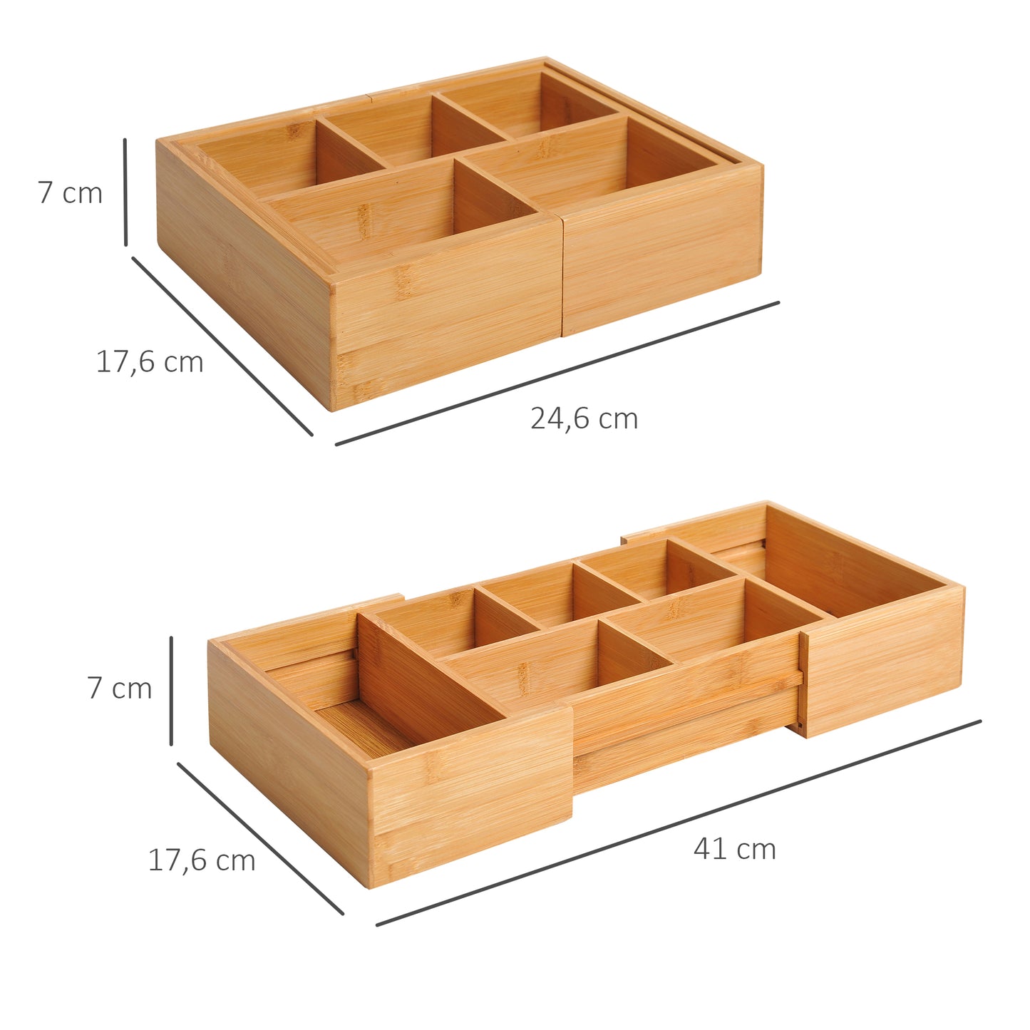 HOMCOM Organizador de Escritorio de Bambú Caja de Almacenamiento Extensible con 5-7 Cajones para Maquillaje Oficina Estudio 24,6-41x17,6x7 cm Natural