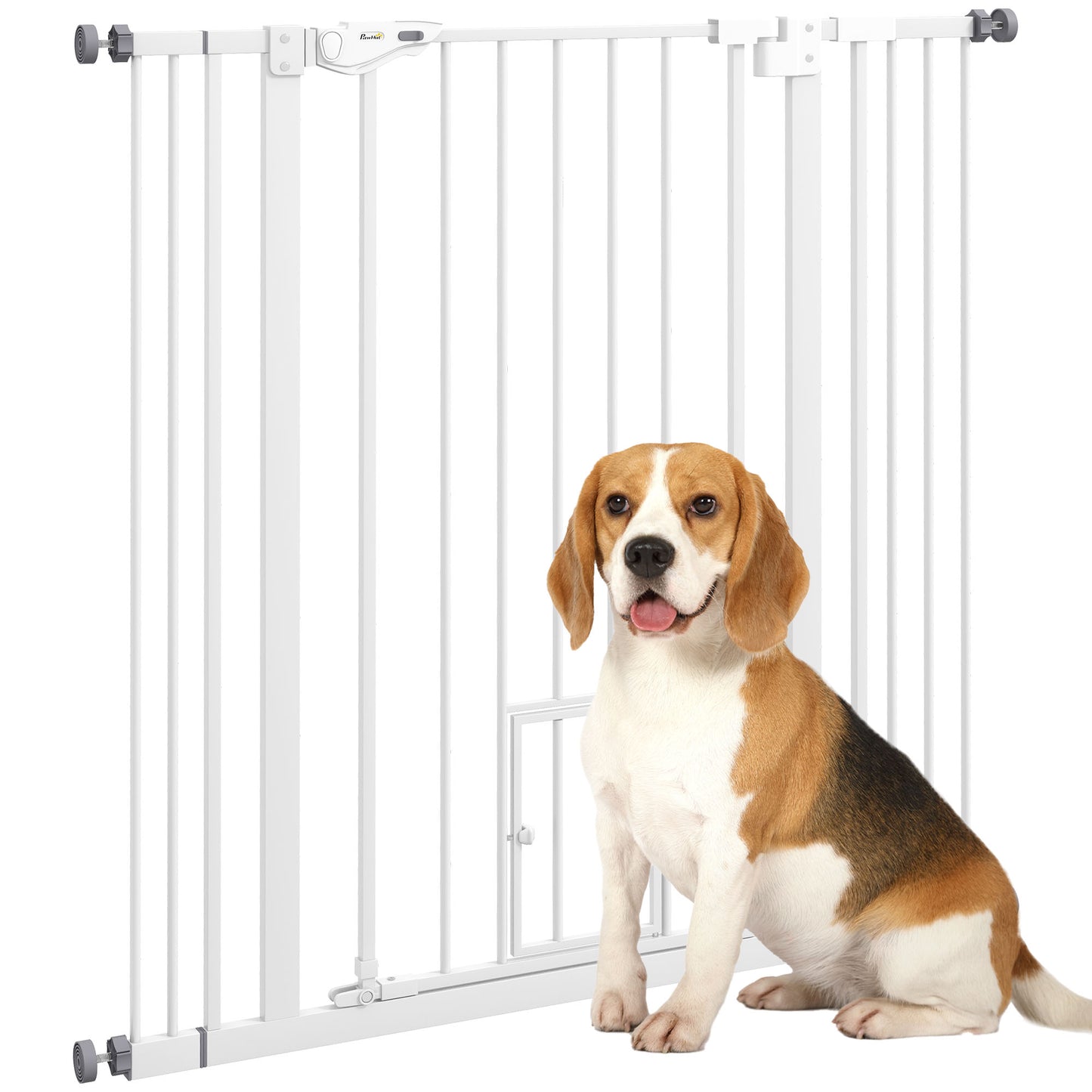 PawHut Barrera de Seguridad para Perros con 1 Puerta Pequeña 74-101x104,1 cm Barrera para Mascotas Extensible con Cierre Automático y Sistema de Doble Bloqueo para Puerta Pasillo Escalera Blanco