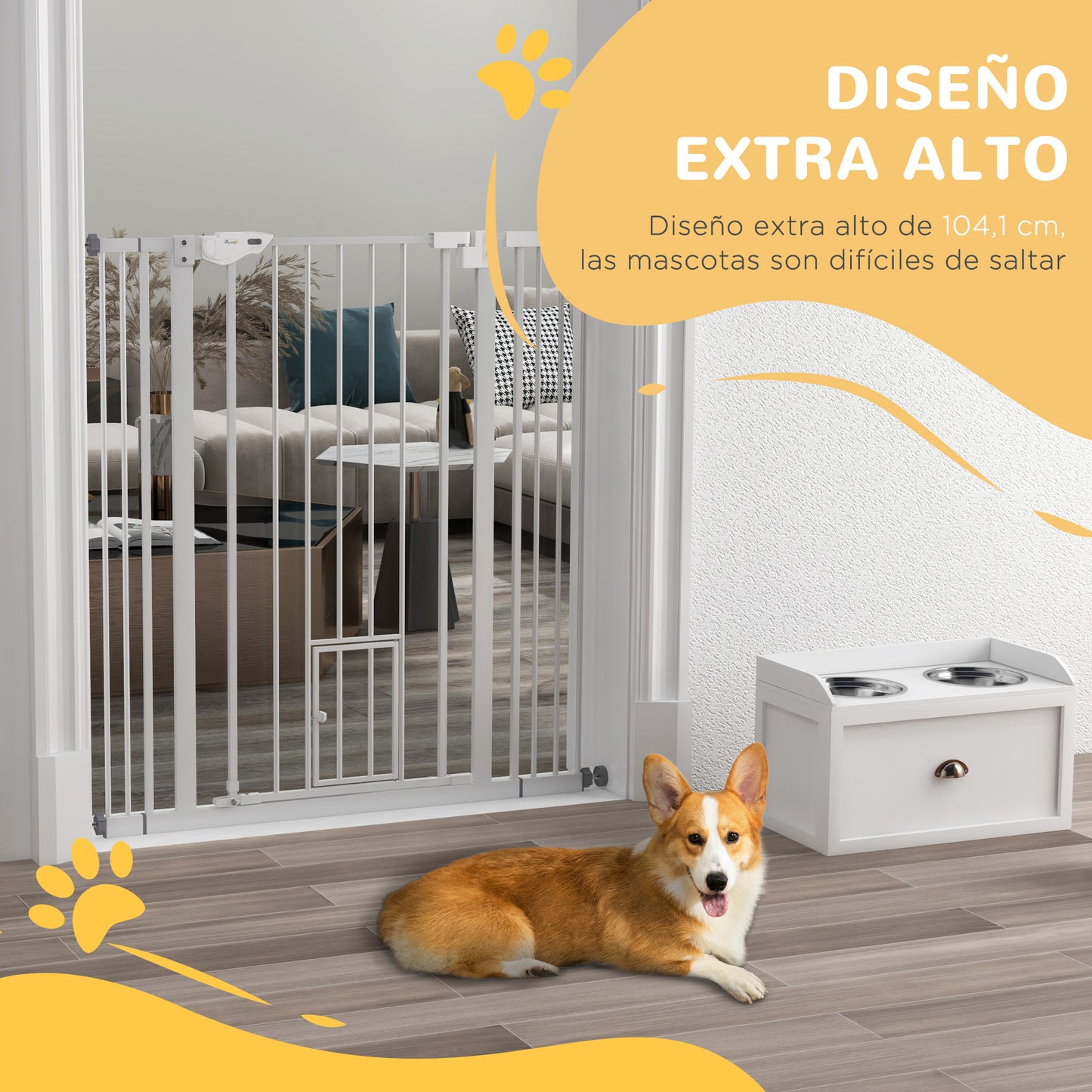 PawHut Barrera de Seguridad para Perros con 1 Puerta Pequeña 74-101x104,1 cm Barrera para Mascotas Extensible con Cierre Automático y Sistema de Doble Bloqueo para Puerta Pasillo Escalera Blanco