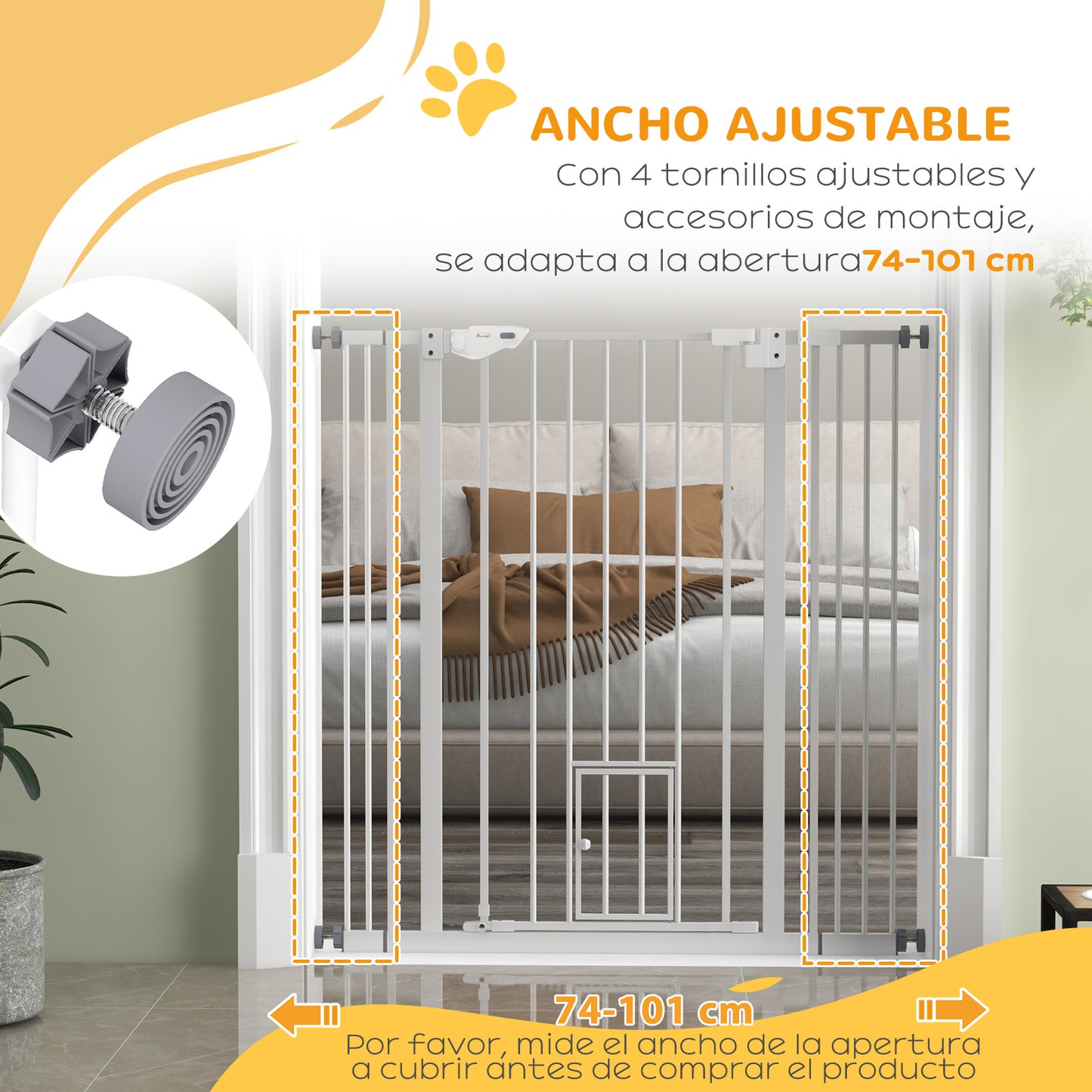 PawHut Barrera de Seguridad para Perros con 1 Puerta Pequeña 74-101x104,1 cm Barrera para Mascotas Extensible con Cierre Automático y Sistema de Doble Bloqueo para Puerta Pasillo Escalera Blanco