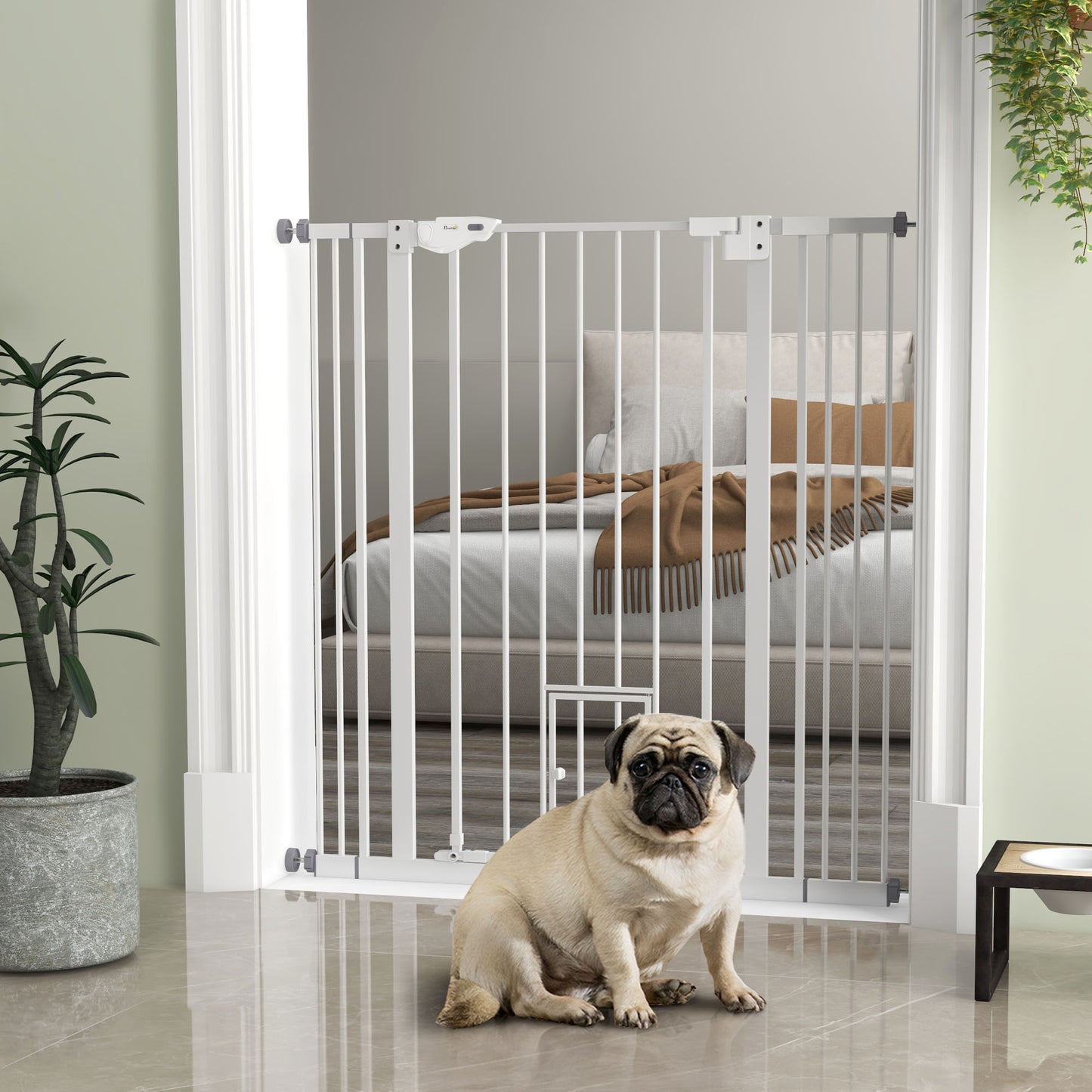 PawHut Barrera de Seguridad para Perros con 1 Puerta Pequeña 74-101x104,1 cm Barrera para Mascotas Extensible con Cierre Automático y Sistema de Doble Bloqueo para Puerta Pasillo Escalera Blanco