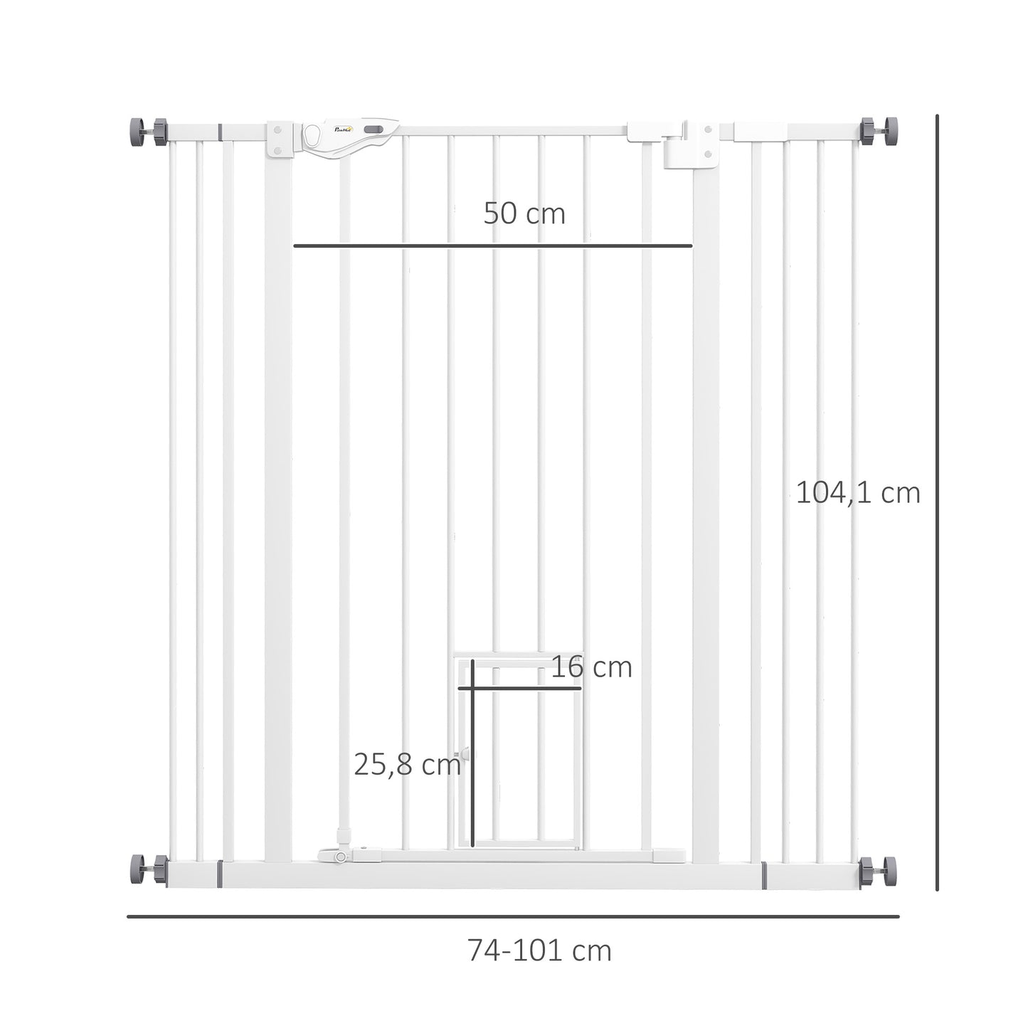 PawHut Barrera de Seguridad para Perros con 1 Puerta Pequeña 74-101x104,1 cm Barrera para Mascotas Extensible con Cierre Automático y Sistema de Doble Bloqueo para Puerta Pasillo Escalera Blanco