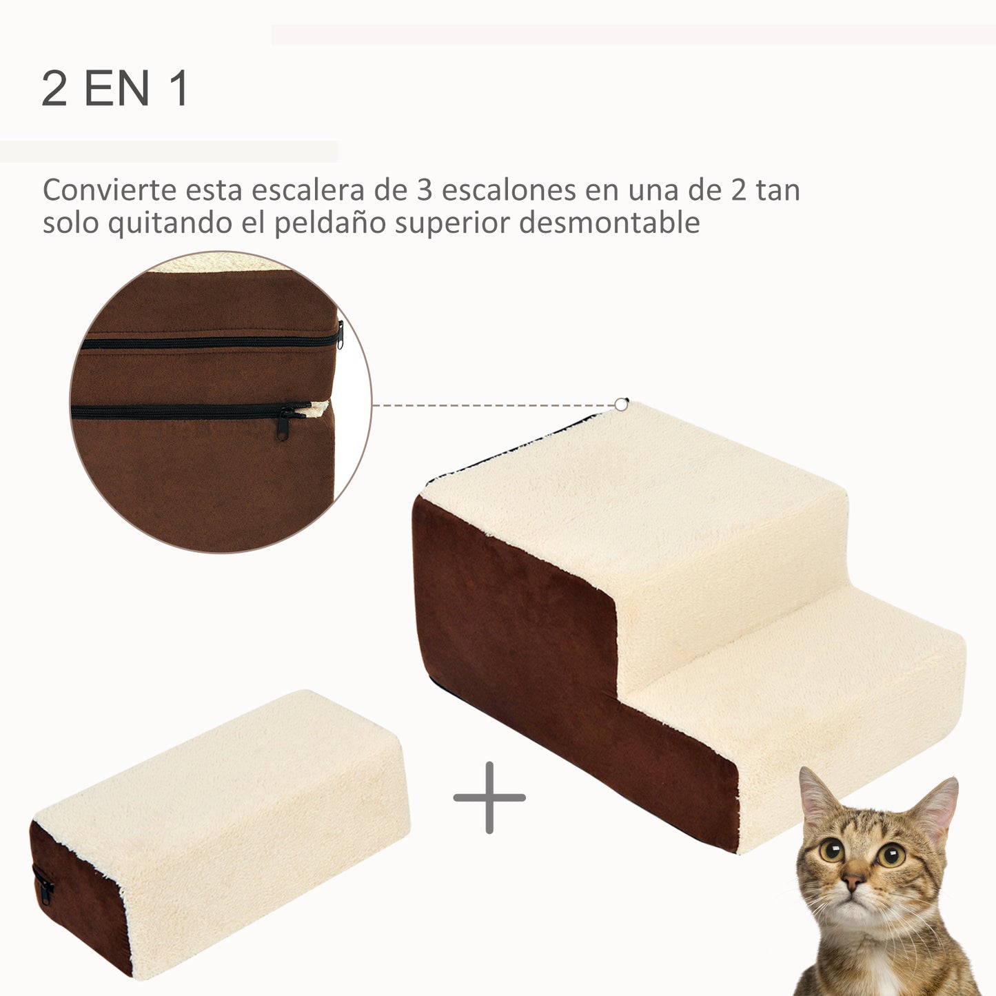 PawHut Escalera para Mascotas Perros Gatos de 3 Peldaños Desmontable y Funda Extraíble Portátil Carga 15 kg 54x40x39 cm Marrón y Beige